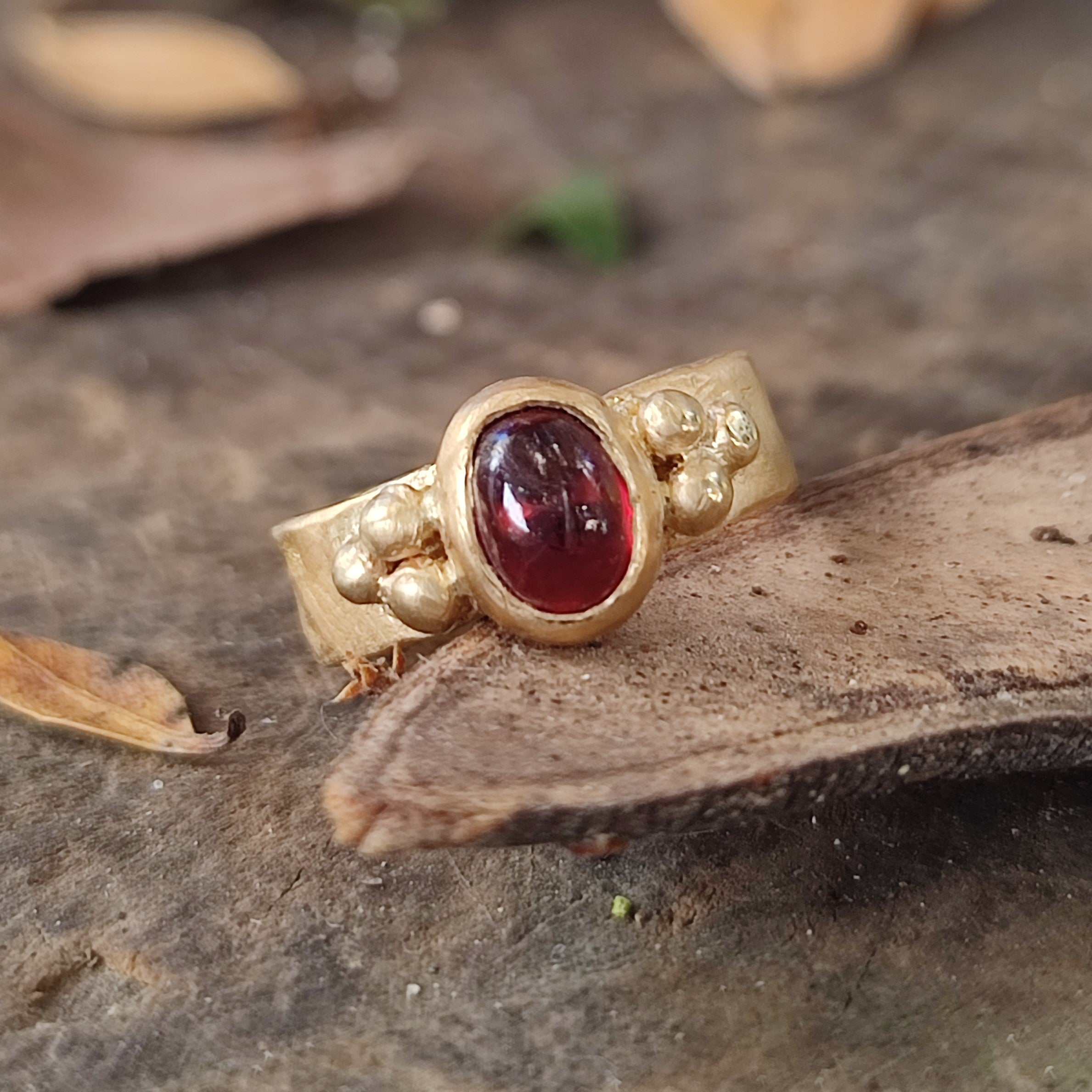 18k Gold Ancient Sacred Geometry Red Garnet Cabochon Ring