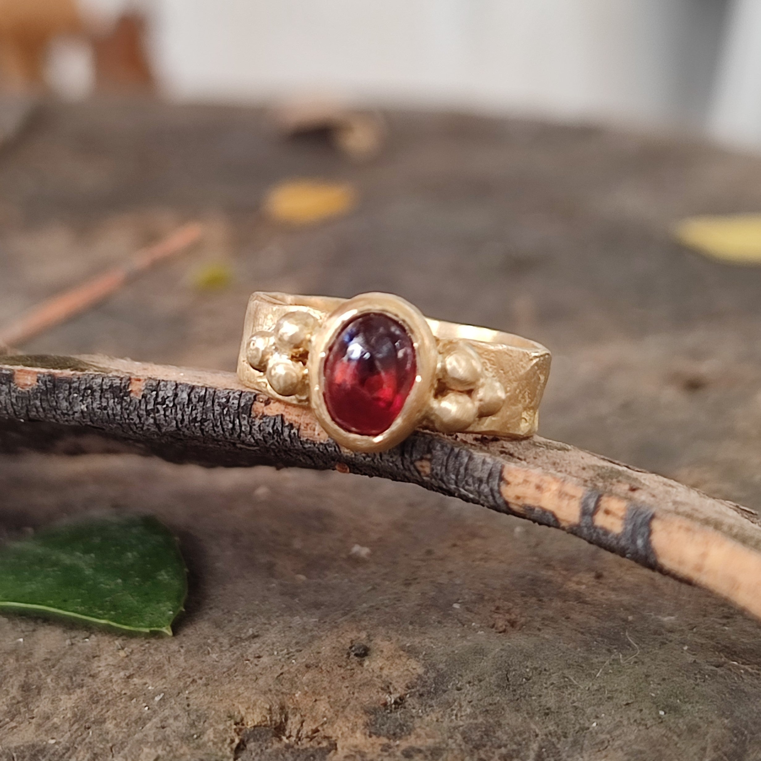 18k Gold Ancient Sacred Geometry Red Garnet Cabochon Ring