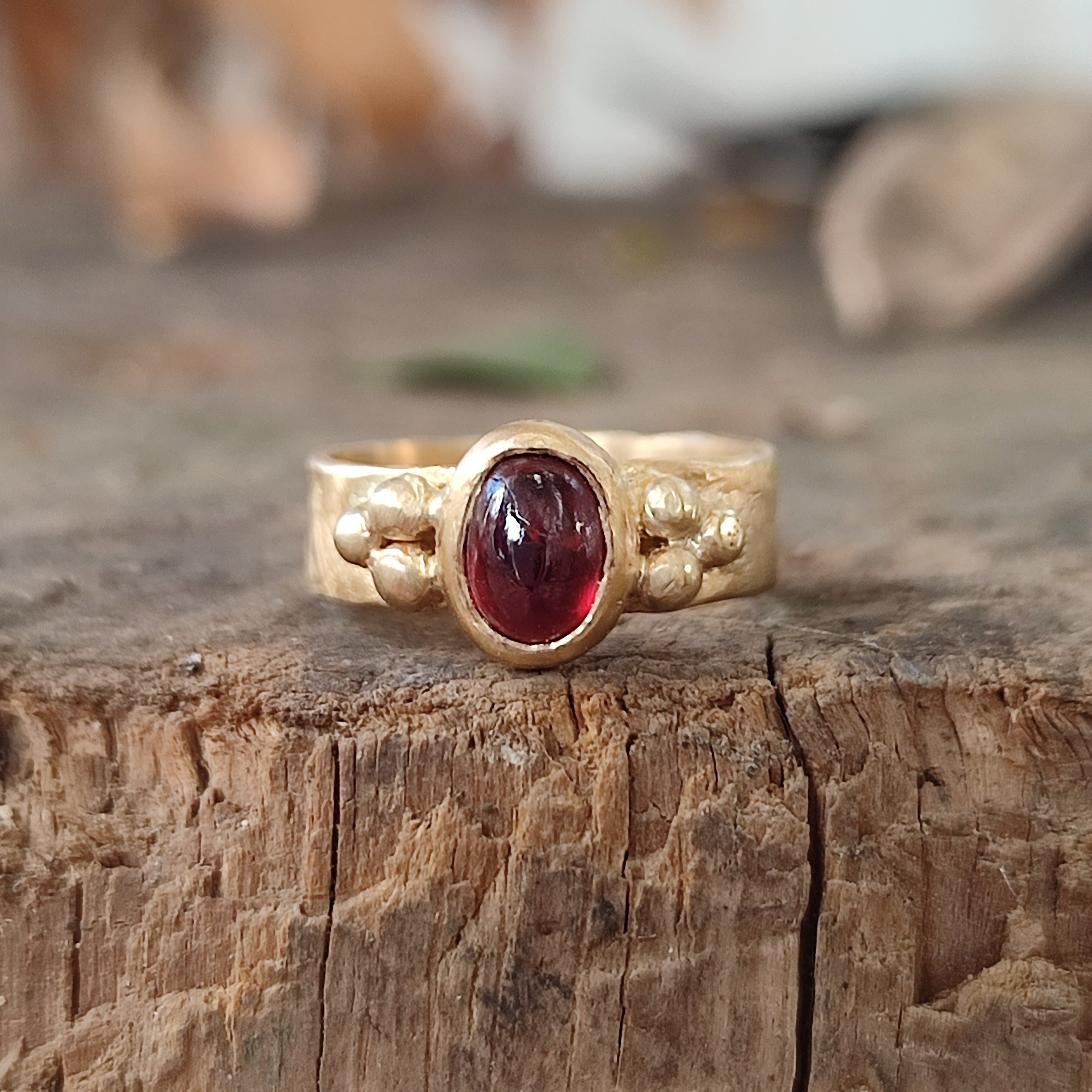 18k Gold Ancient Sacred Geometry Red Garnet Cabochon Ring