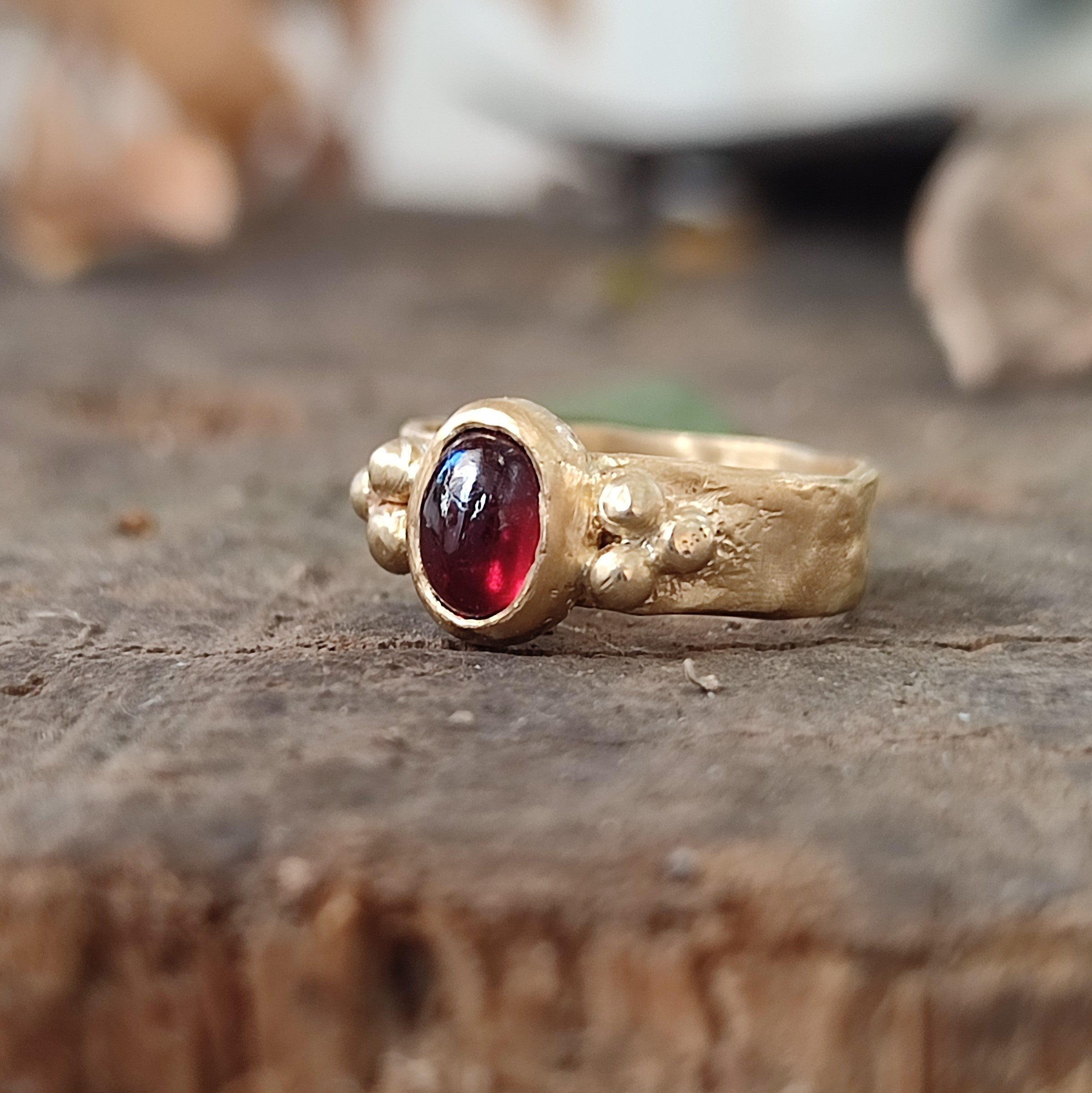 18k Gold Ancient Sacred Geometry Red Garnet Cabochon Ring