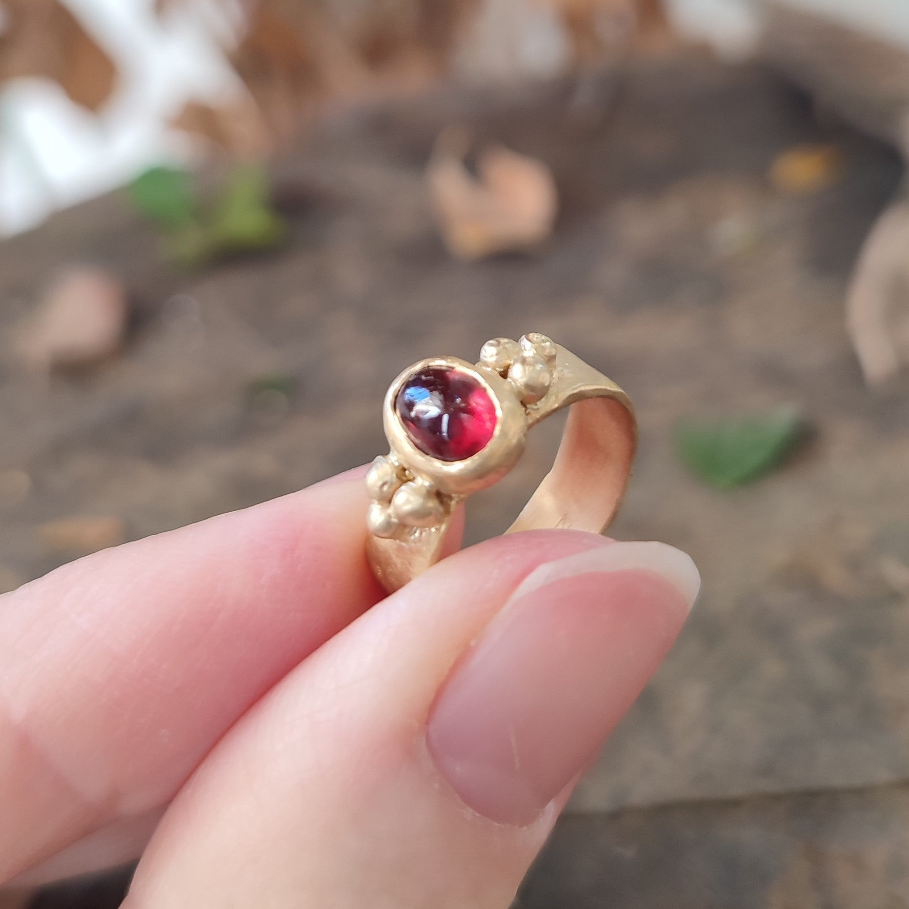 18k Gold Ancient Sacred Geometry Red Garnet Cabochon Ring