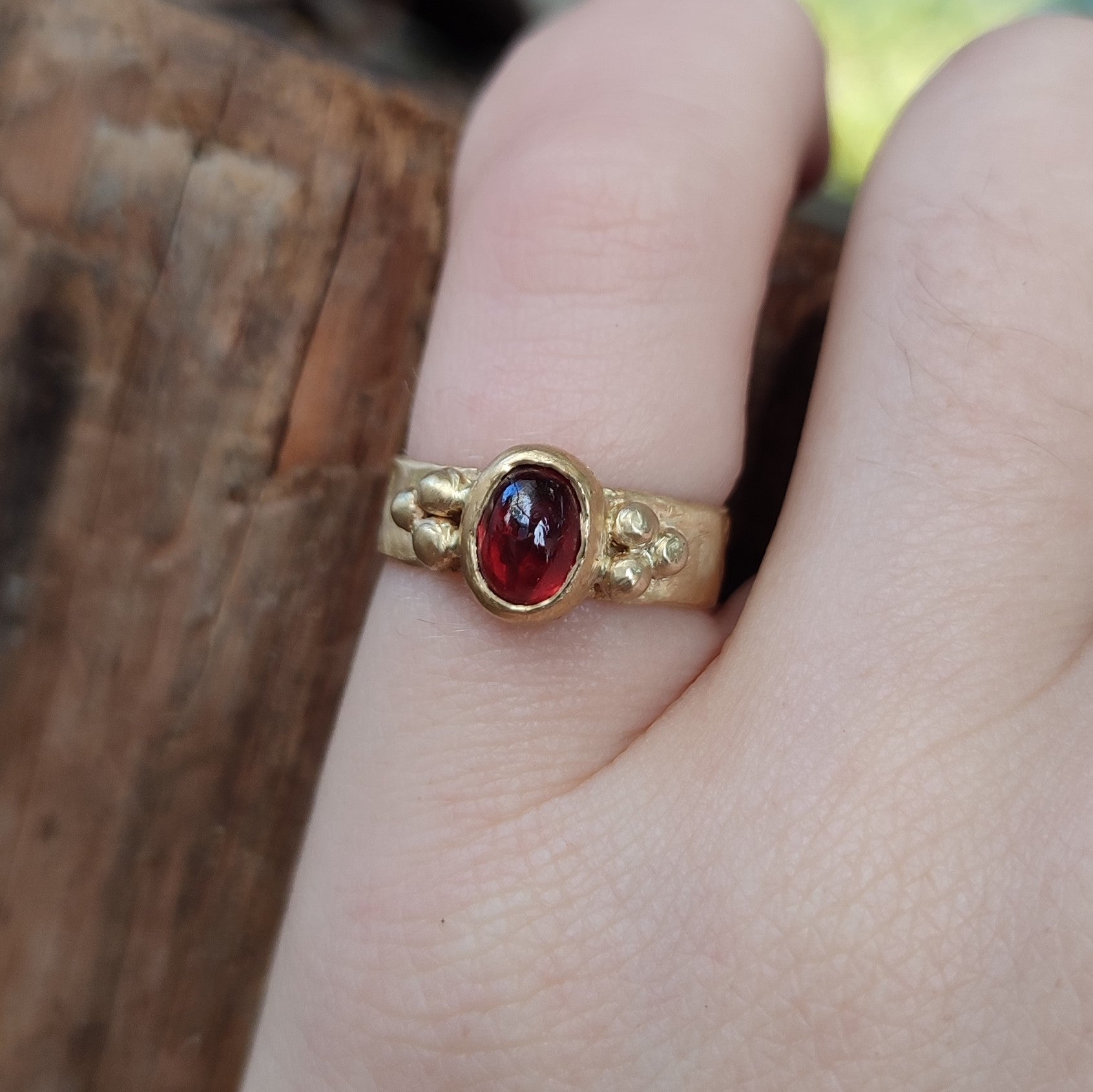 18k Gold Ancient Sacred Geometry Red Garnet Cabochon Ring