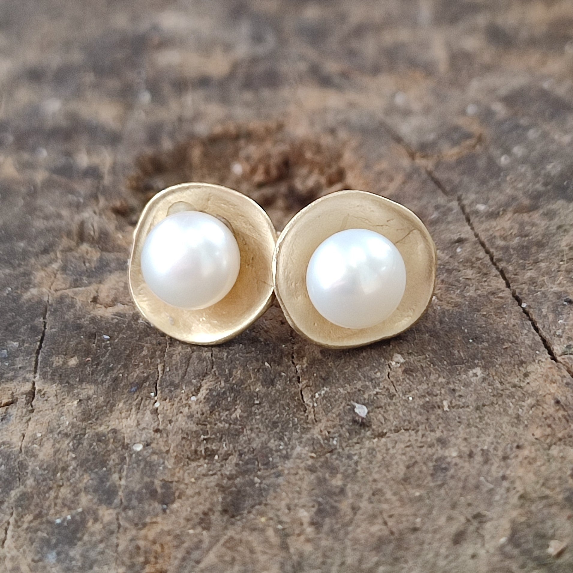 Handmade 14k Gold Pearl Stud Earrings, Real Cultured Pearls