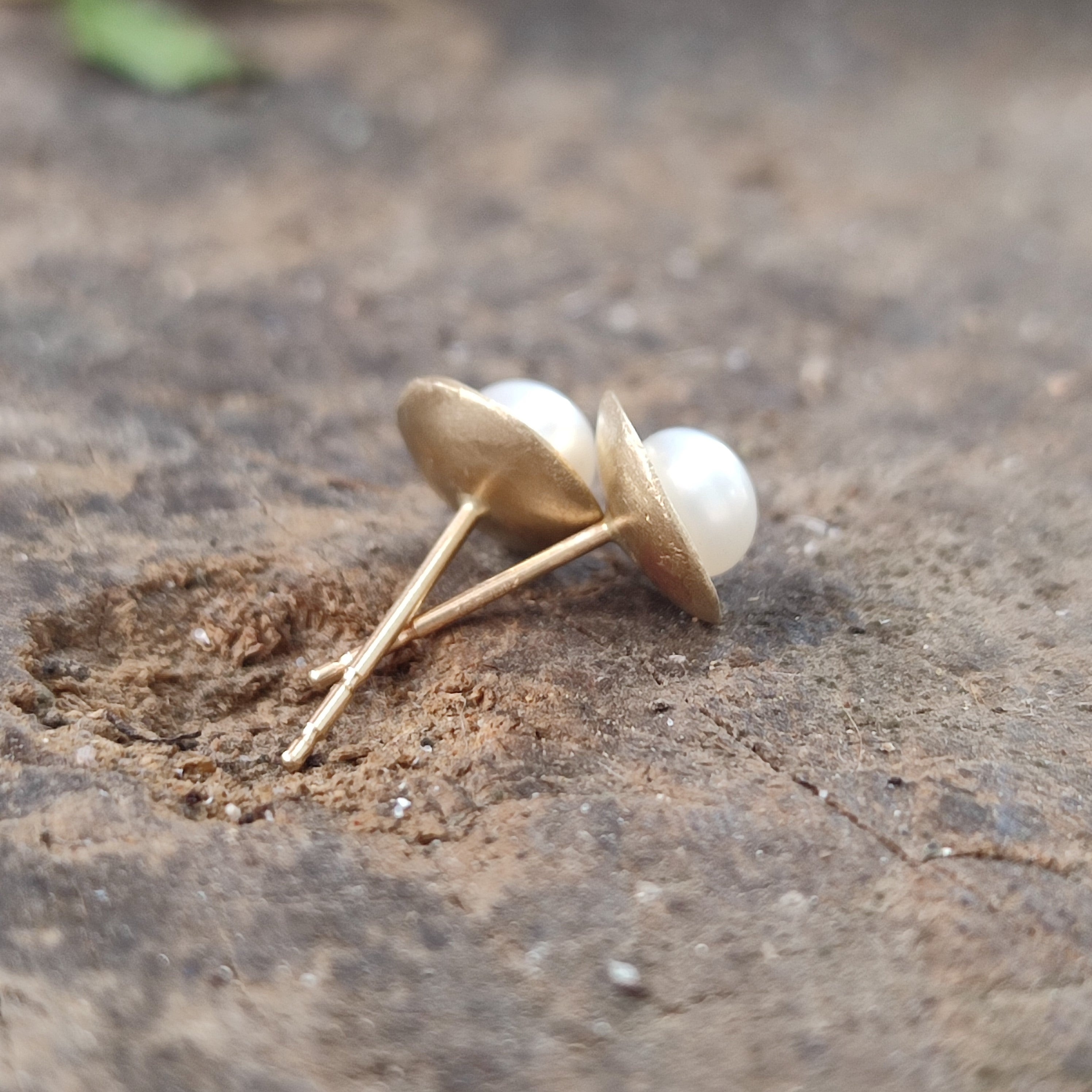 Handmade 14k Gold Pearl Stud Earrings, Real Cultured Pearls