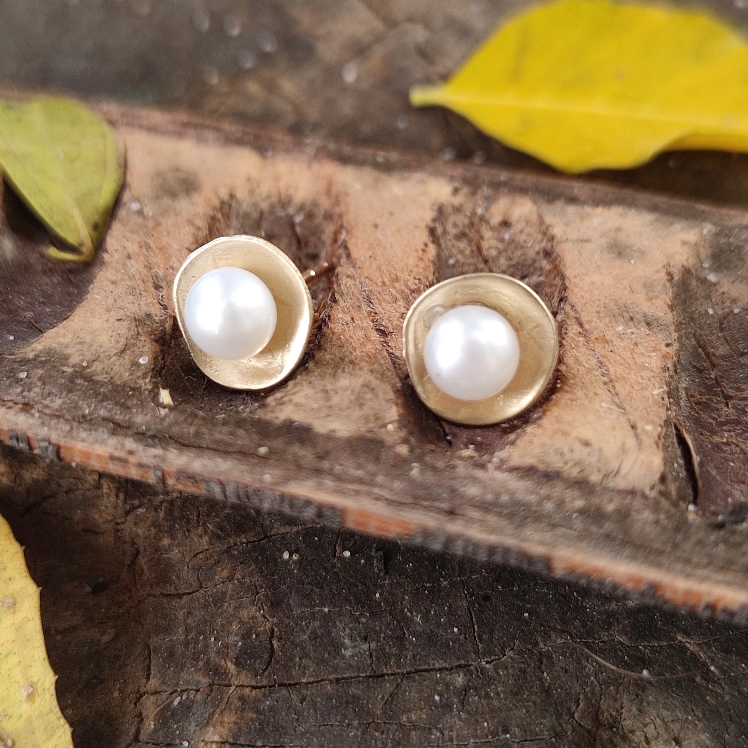 Handmade 14k Gold Pearl Stud Earrings, Real Cultured Pearls