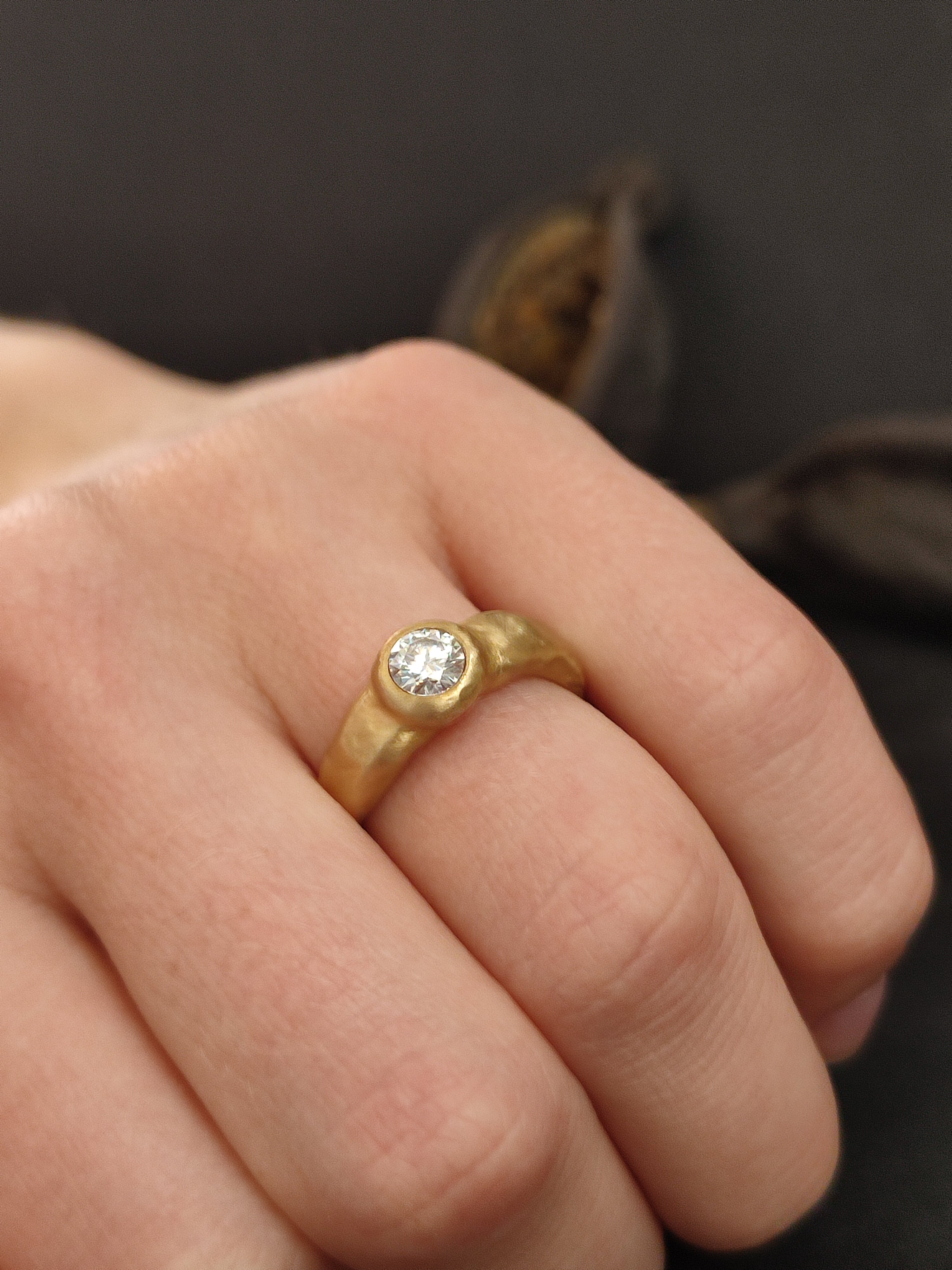 Moissanite Engagement Ring 18k Textured Gold