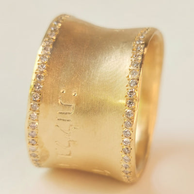 Wide 18k Yellow Gold Ring with Small Pave Diamonds Edges