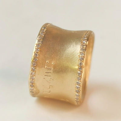 Wide 18k Yellow Gold Ring with Small Pave Diamonds Edges