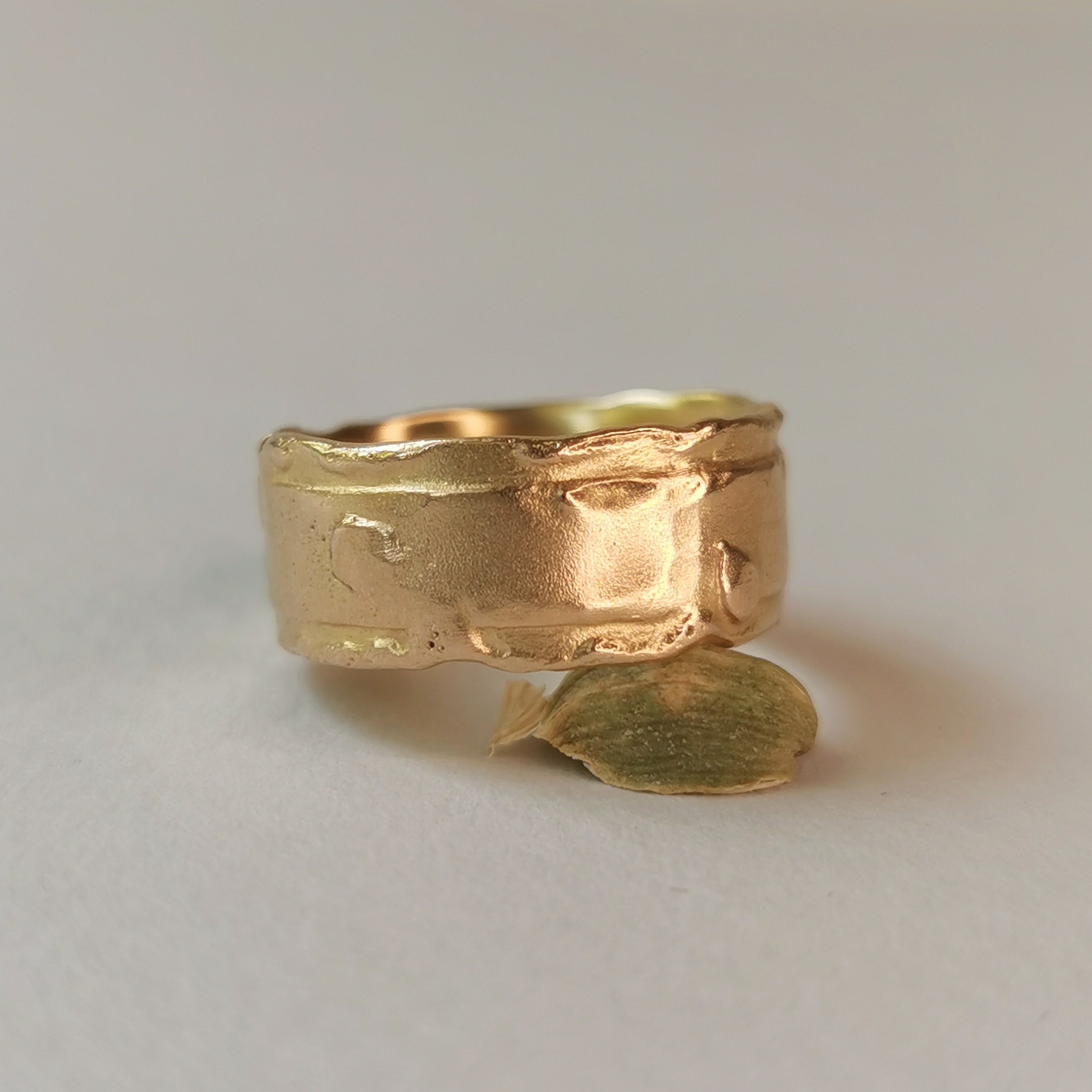 18K Solid Yellow Gold Ring With Organic Molten Texture 8mm Wide