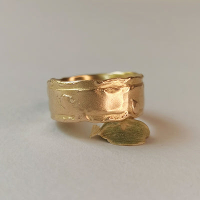 18K Solid Yellow Gold Ring With Organic Molten Texture 8mm Wide-ZadokGold