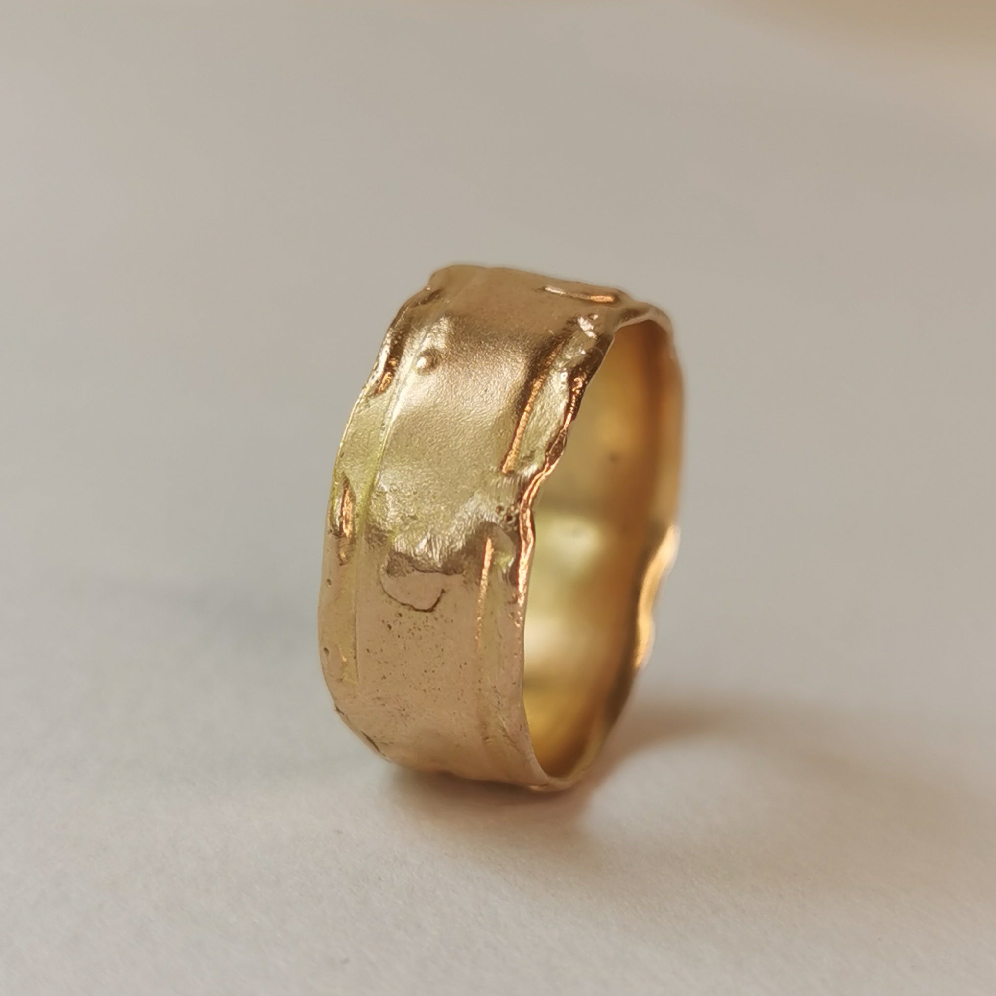 18K Solid Yellow Gold Ring With Organic Molten Texture 8mm Wide