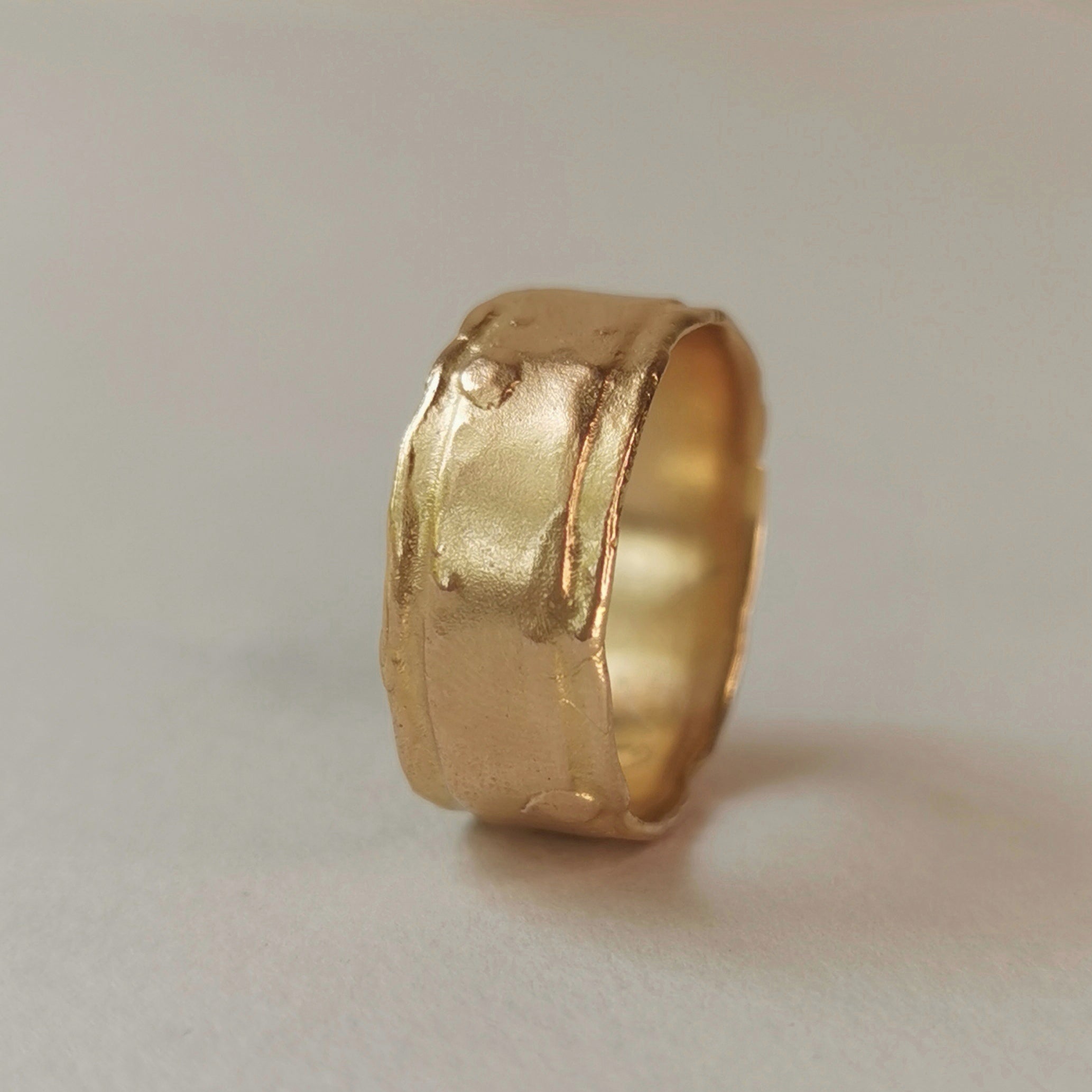 18K Solid Yellow Gold Ring With Organic Molten Texture 8mm Wide