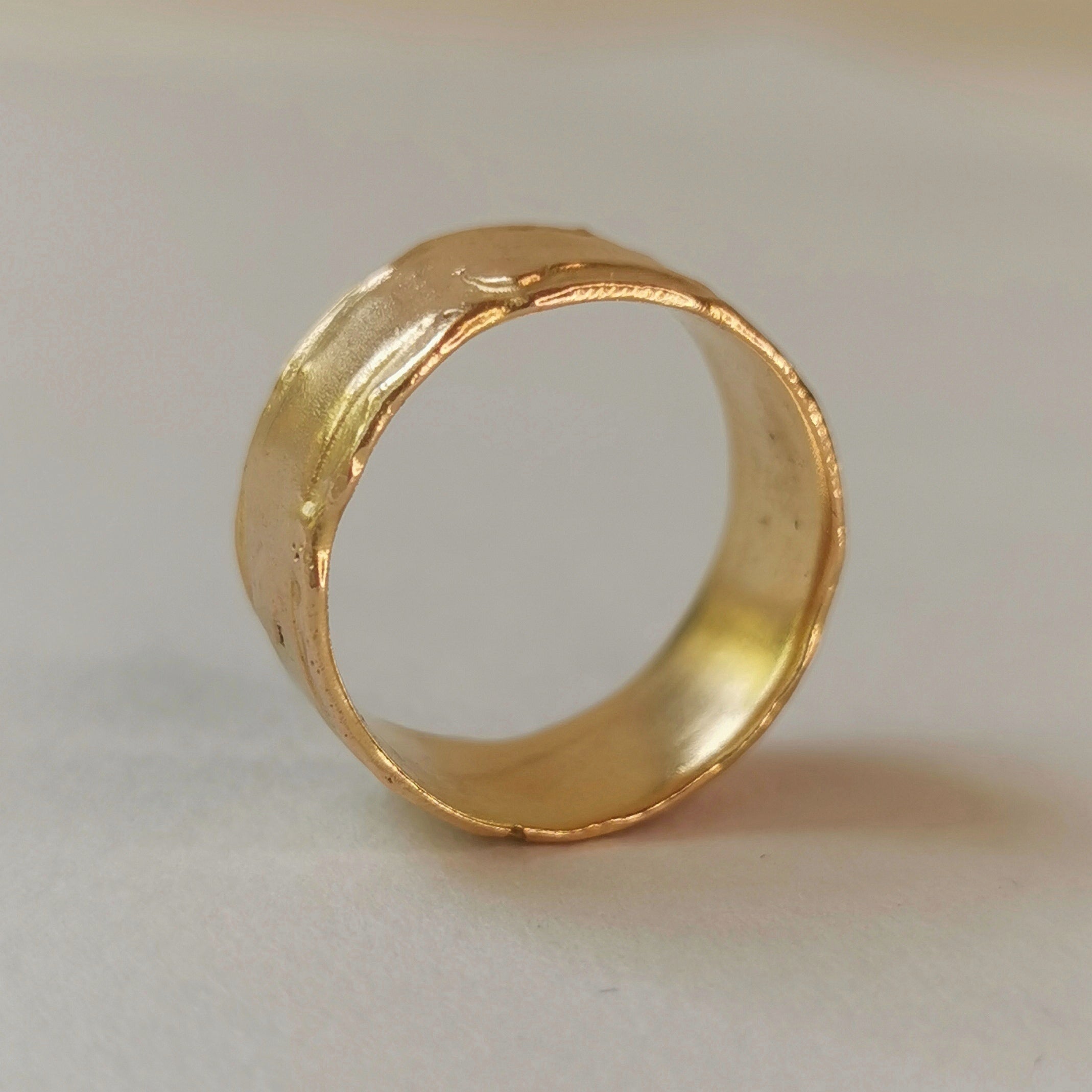 18K Solid Yellow Gold Ring With Organic Molten Texture 8mm Wide