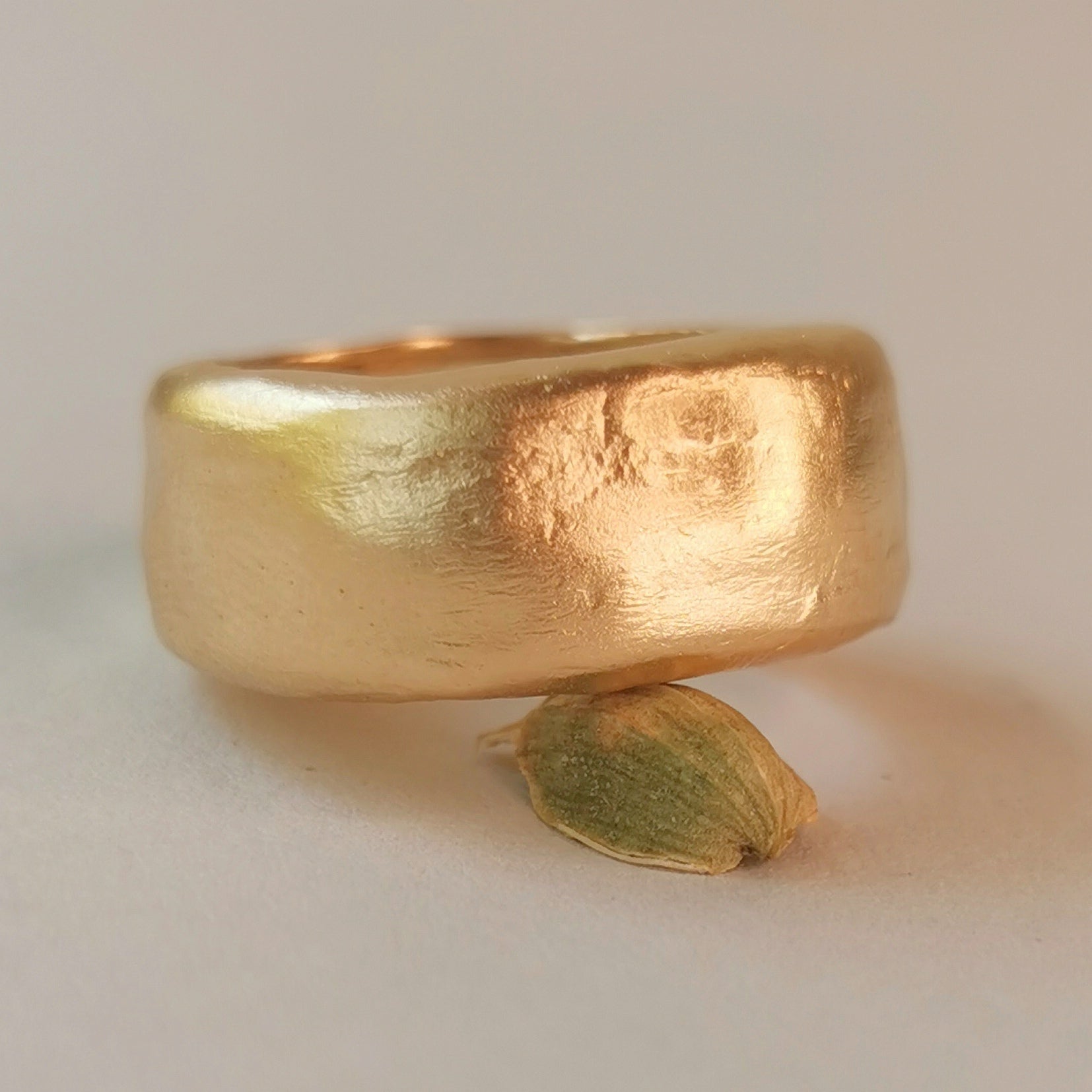 18K Solid Yellow Gold Chunky Wedding Band Ring with Rounded Edges and Rustic Organic Matte Gold Finish