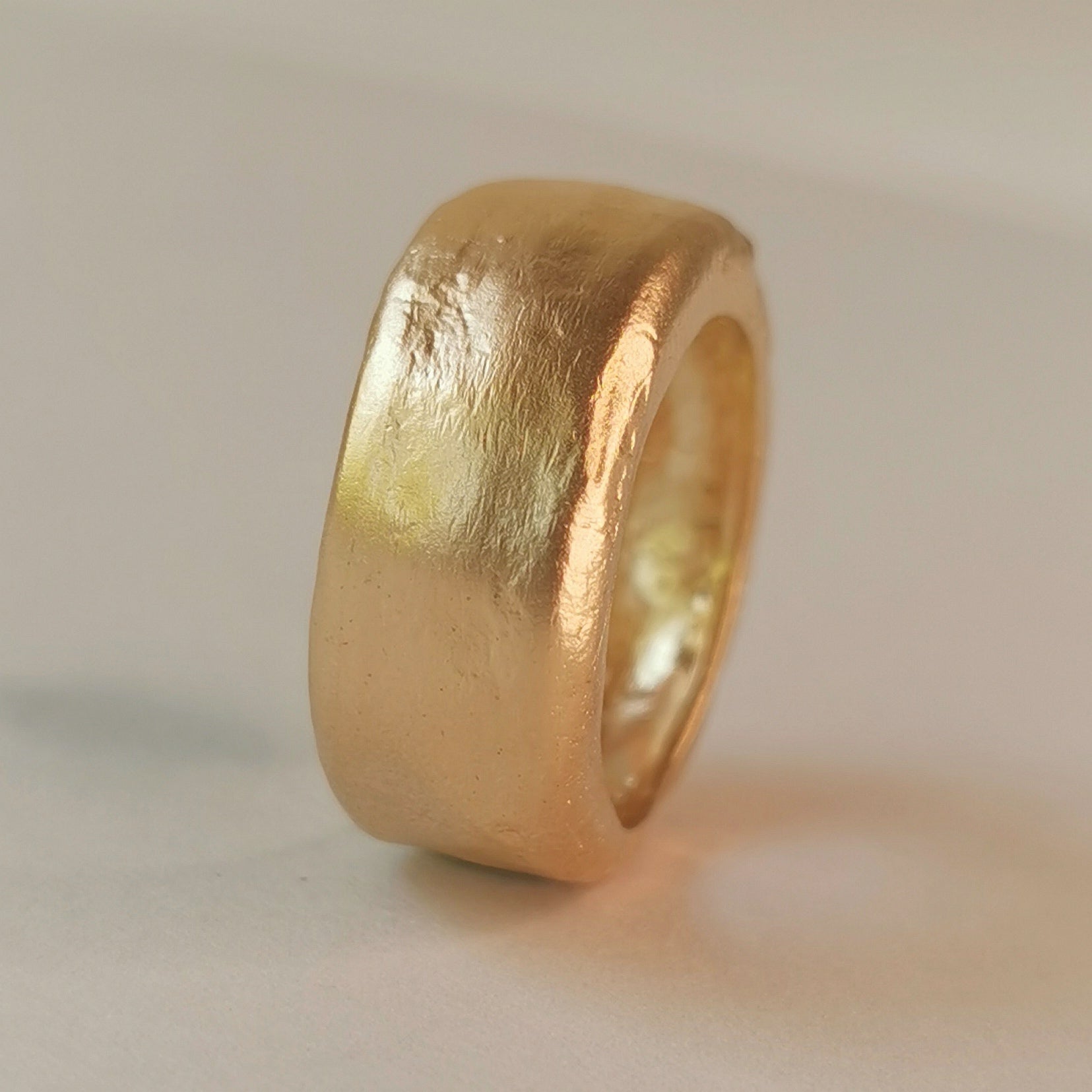 18K Solid Yellow Gold Chunky Wedding Band Ring with Rounded Edges and Rustic Organic Matte Gold Finish