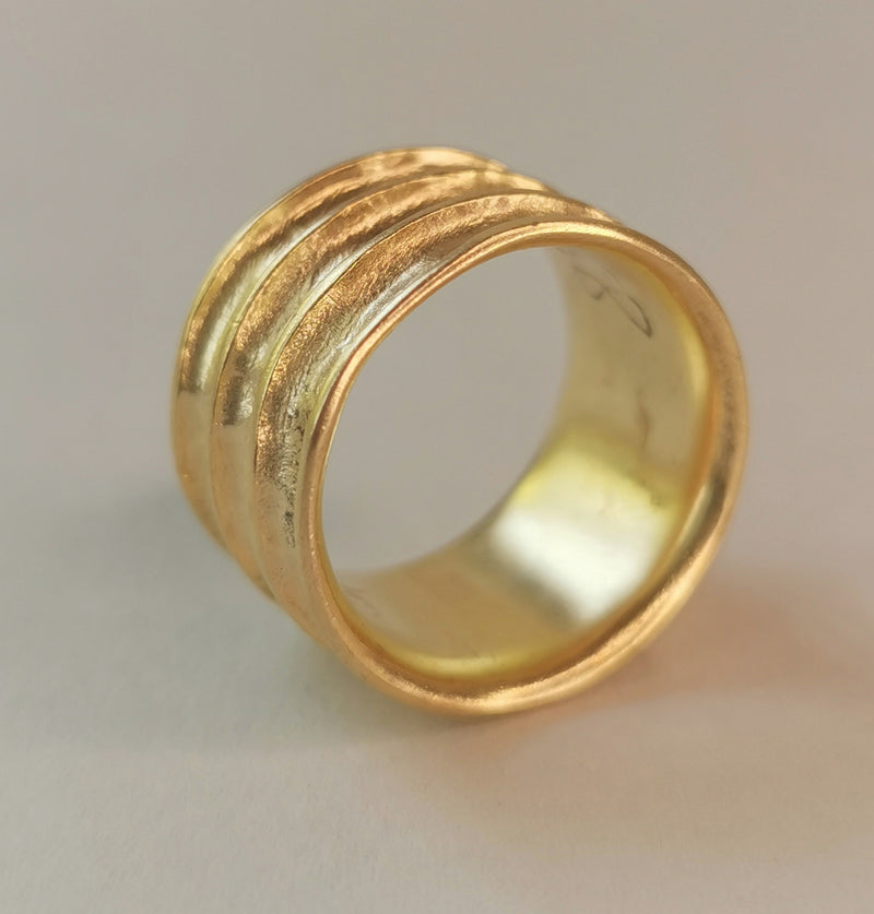 18k Ribbed Solid Gold Statement Ring Wide Cigar Band-ZadokGold