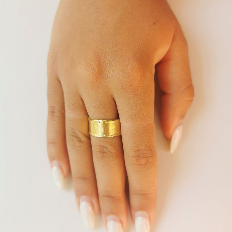 18k Wide Solid Gold Cigar Band Unique Textured Ring