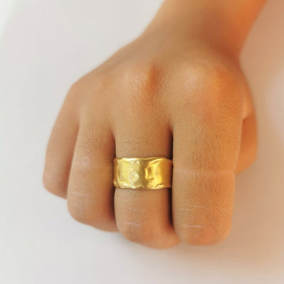 18k Wide Solid Gold Cigar Band Unique Textured Ring