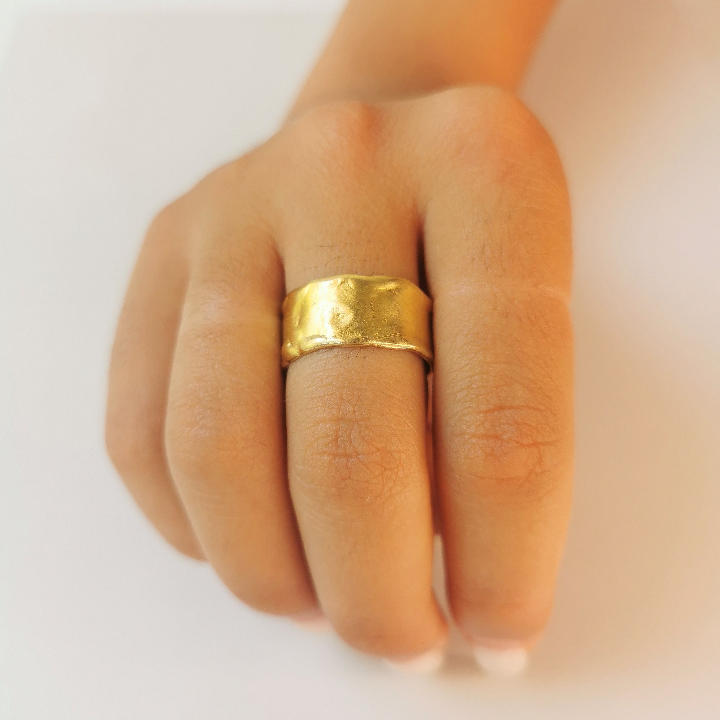 18k Wide Solid Gold Cigar Band Unique Textured Ring