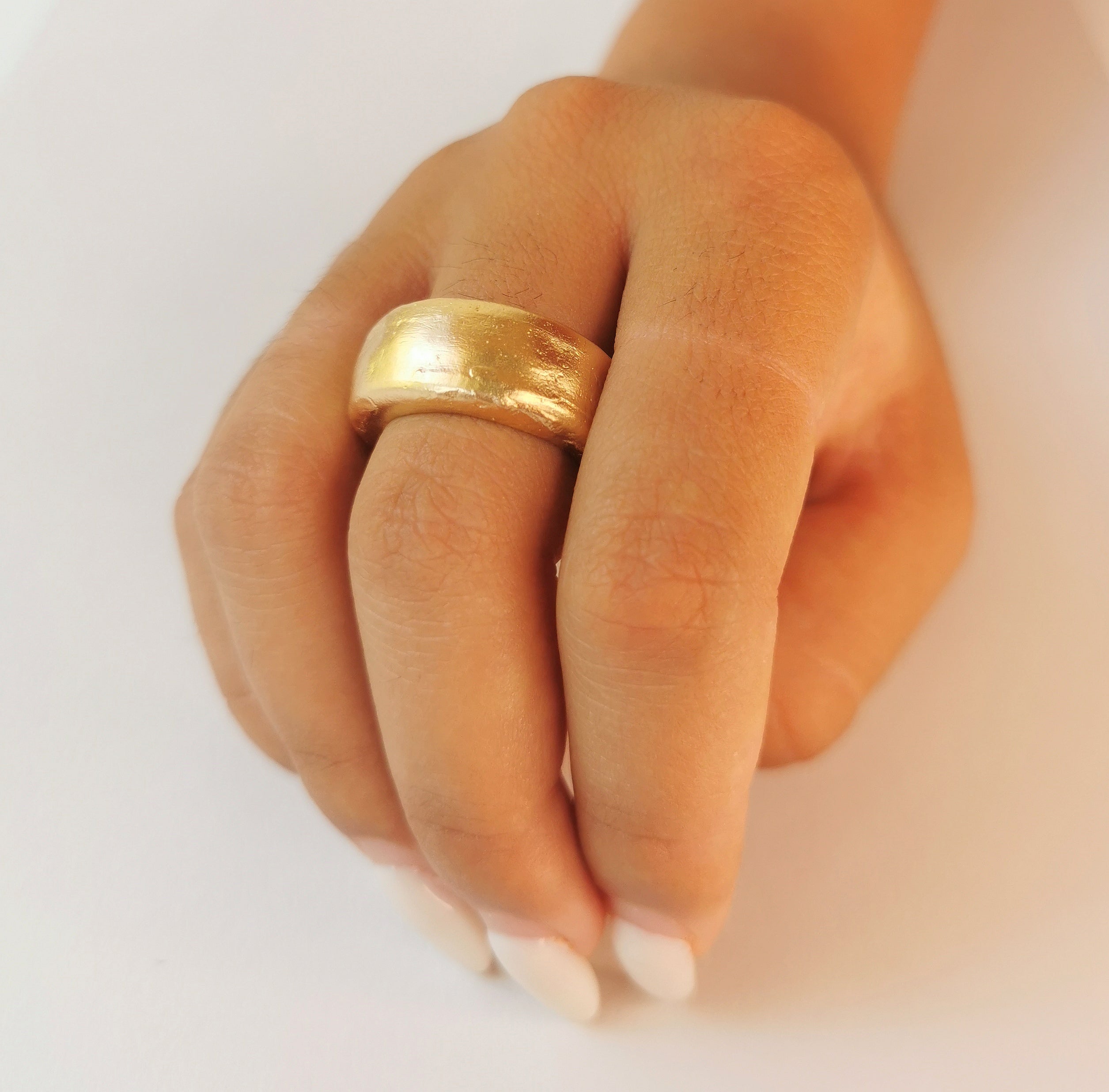 18K Solid Yellow Gold Chunky Wedding Band Ring with Rounded Edges and Rustic Organic Matte Gold Finish