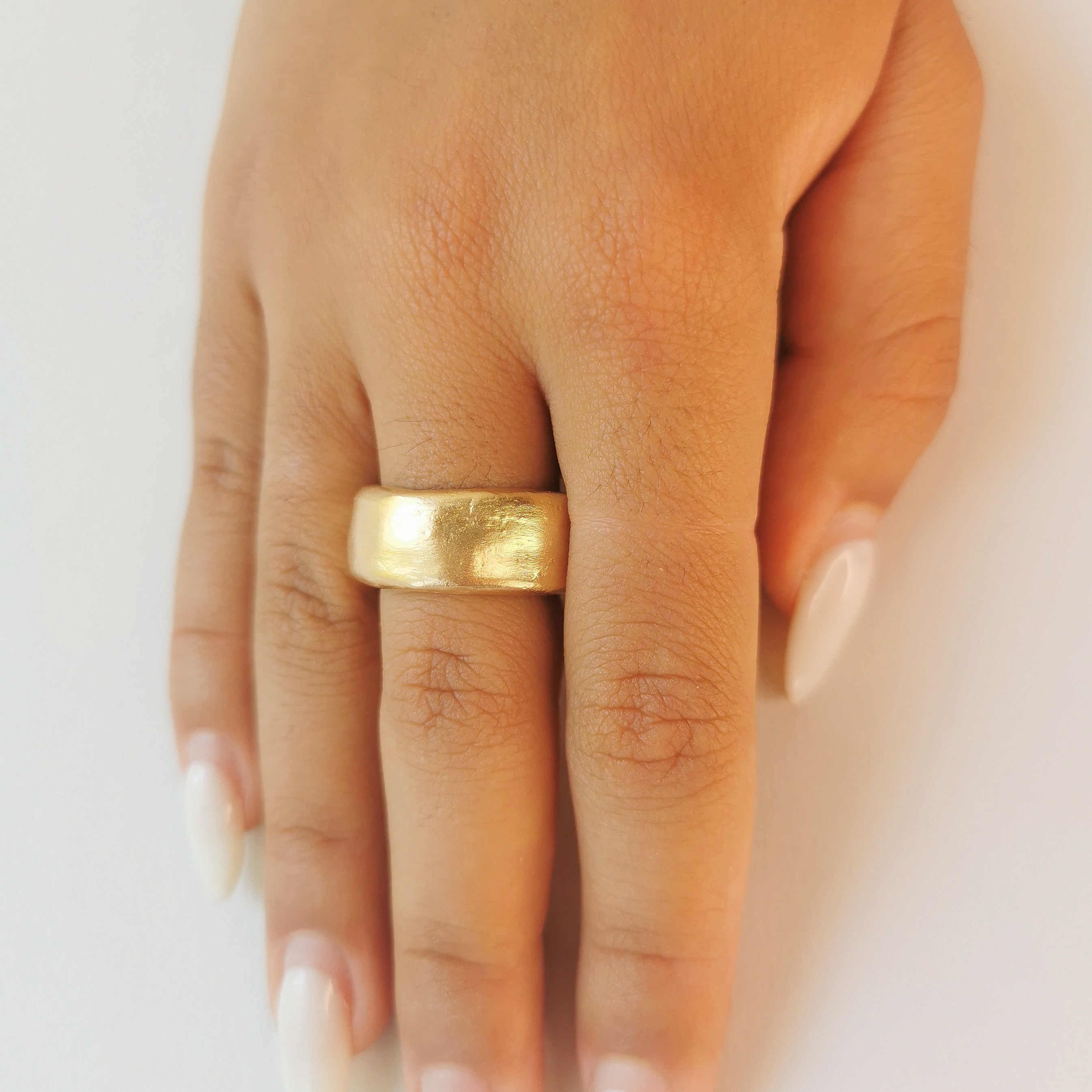 18K Solid Yellow Gold Chunky Wedding Band Ring with Rounded Edges and Rustic Organic Matte Gold Finish