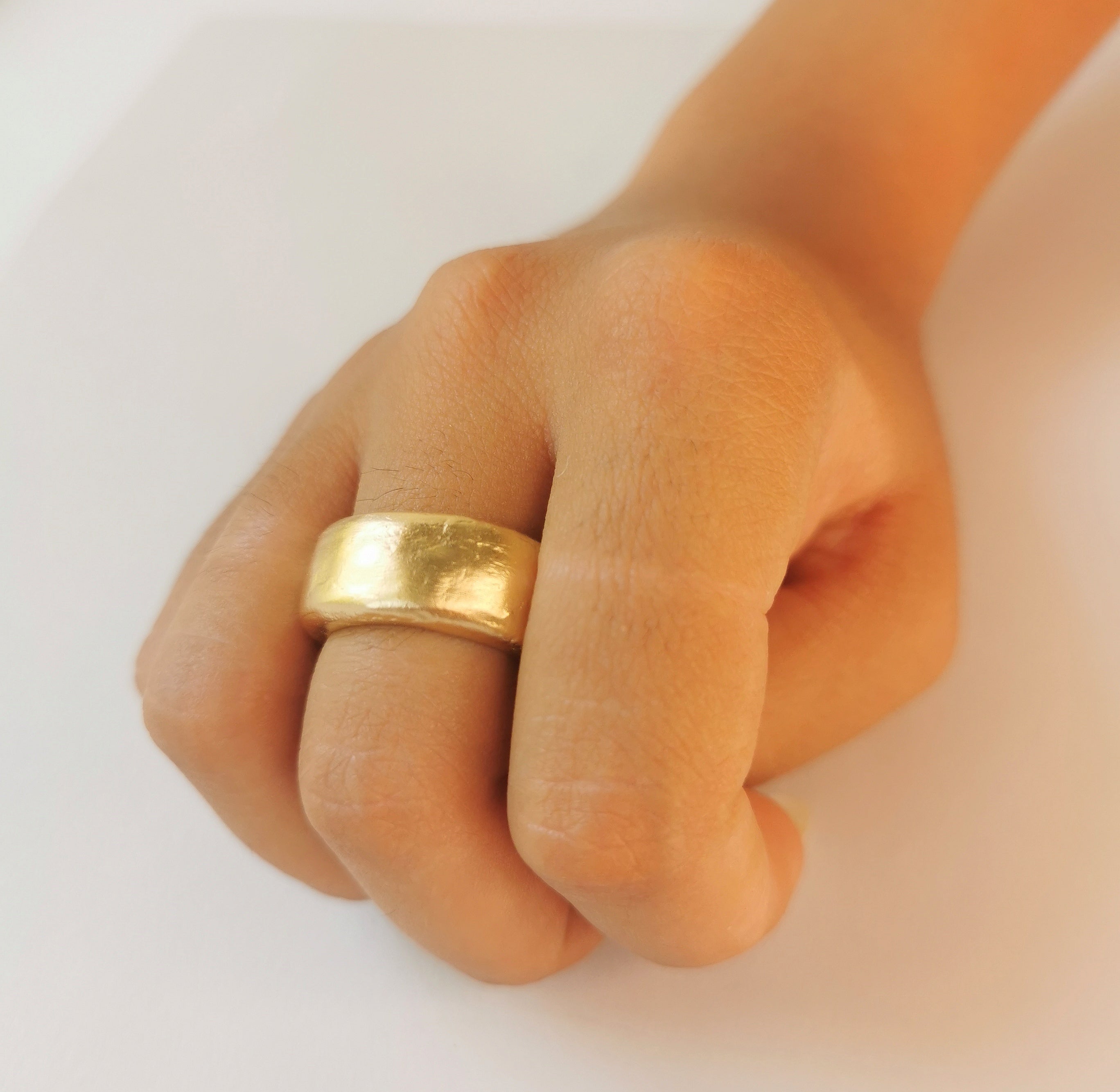 18K Solid Yellow Gold Chunky Wedding Band Ring with Rounded Edges and Rustic Organic Matte Gold Finish