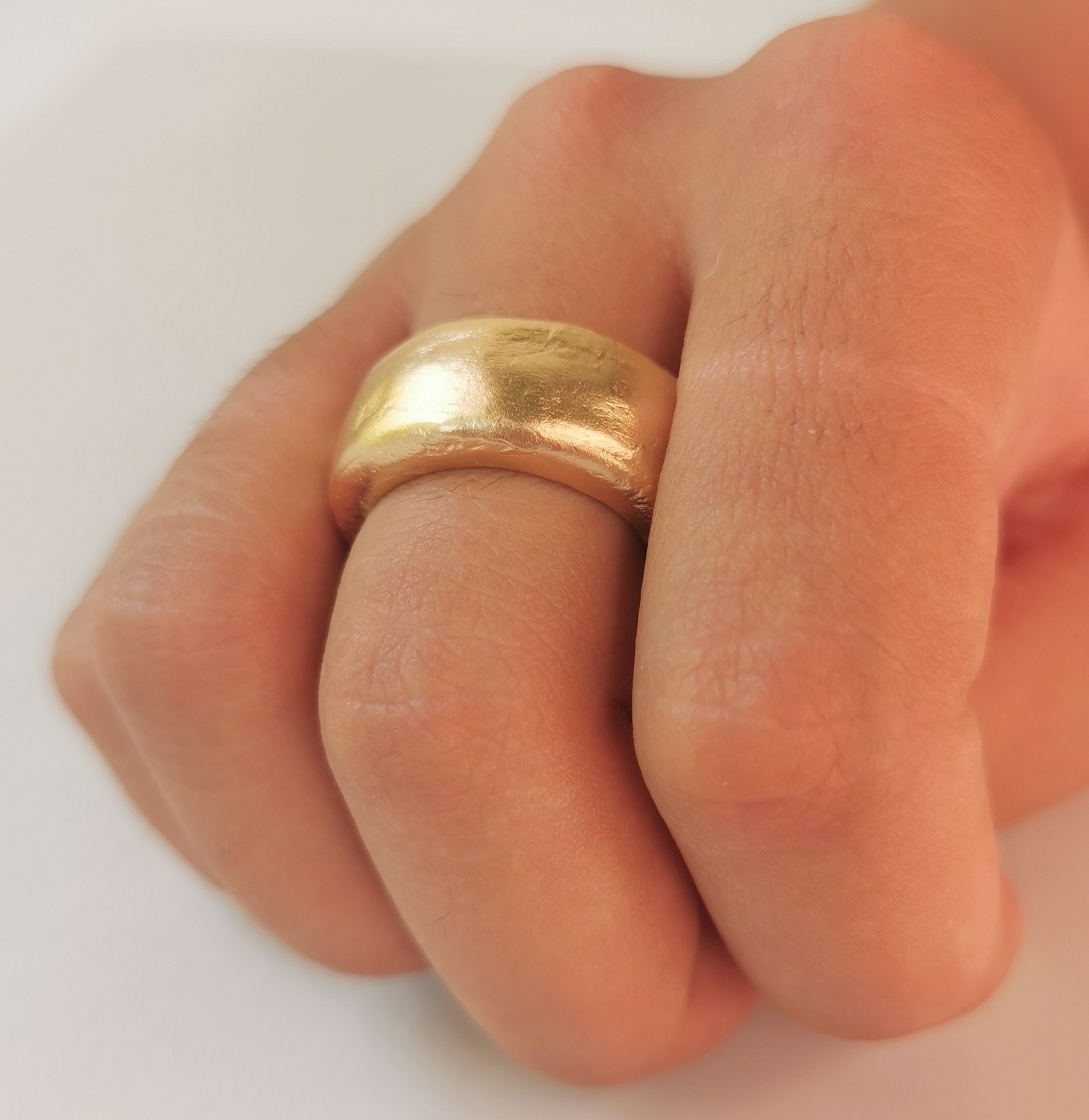 18K Solid Yellow Gold Chunky Wedding Band Ring with Rounded Edges and Rustic Organic Matte Gold Finish