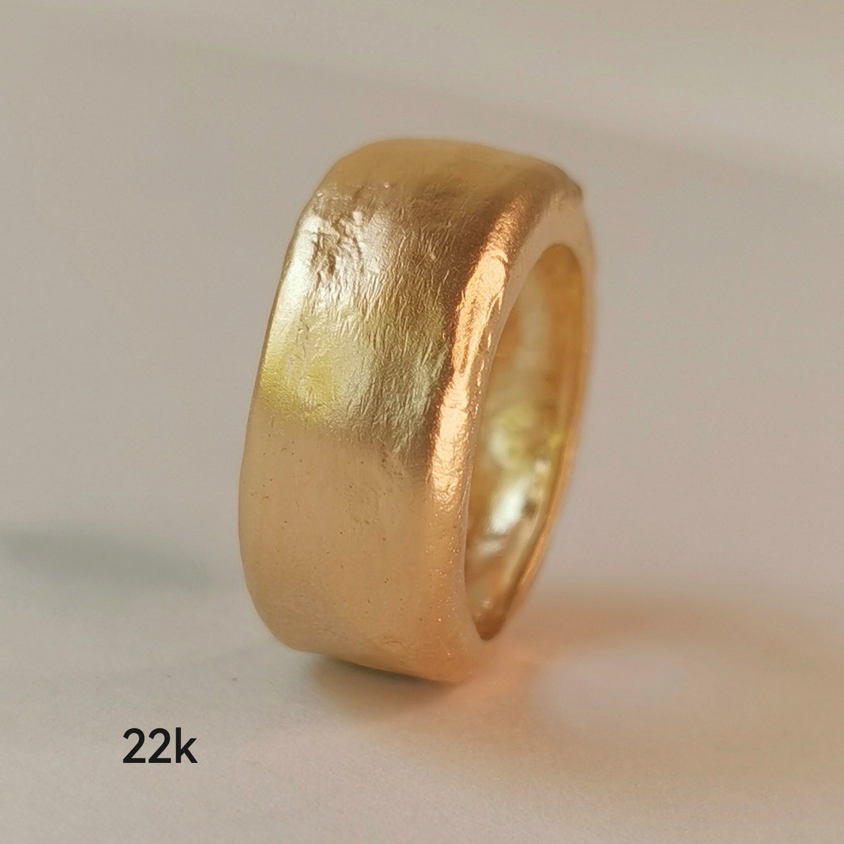 18K Solid Yellow Gold Chunky Wedding Band Ring with Rounded Edges and Rustic Organic Matte Gold Finish