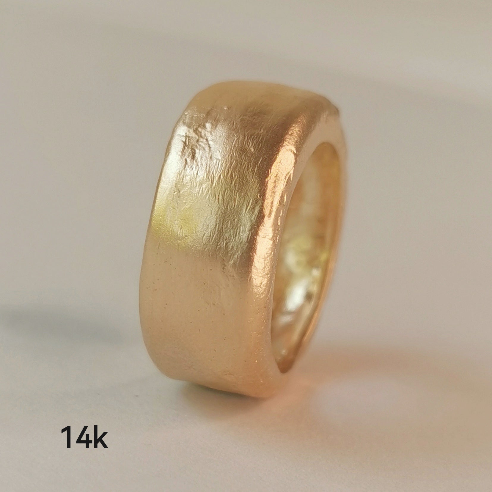 18K Solid Yellow Gold Chunky Wedding Band Ring with Rounded Edges and Rustic Organic Matte Gold Finish