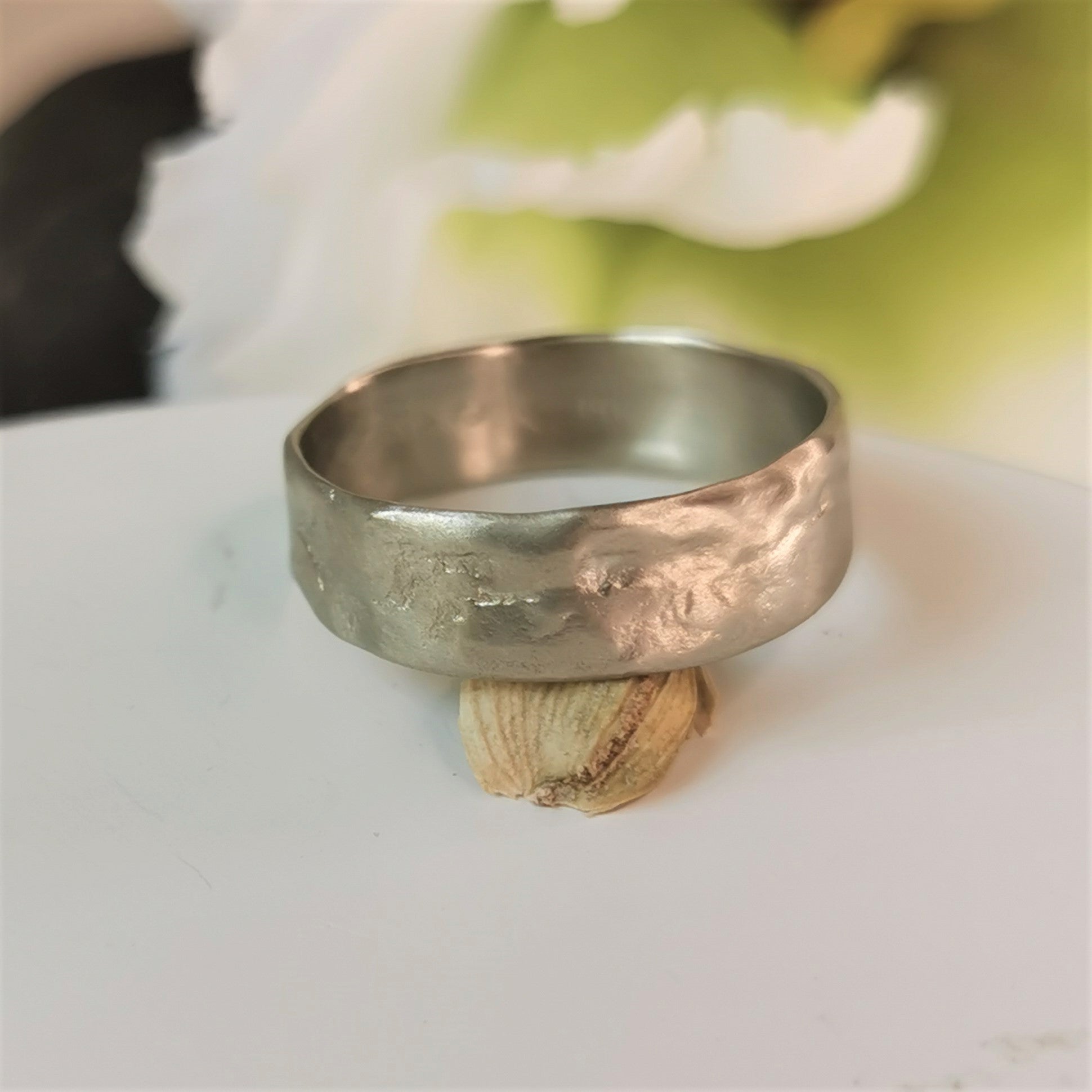 Textured 14k White Gold Rustic Wedding Band