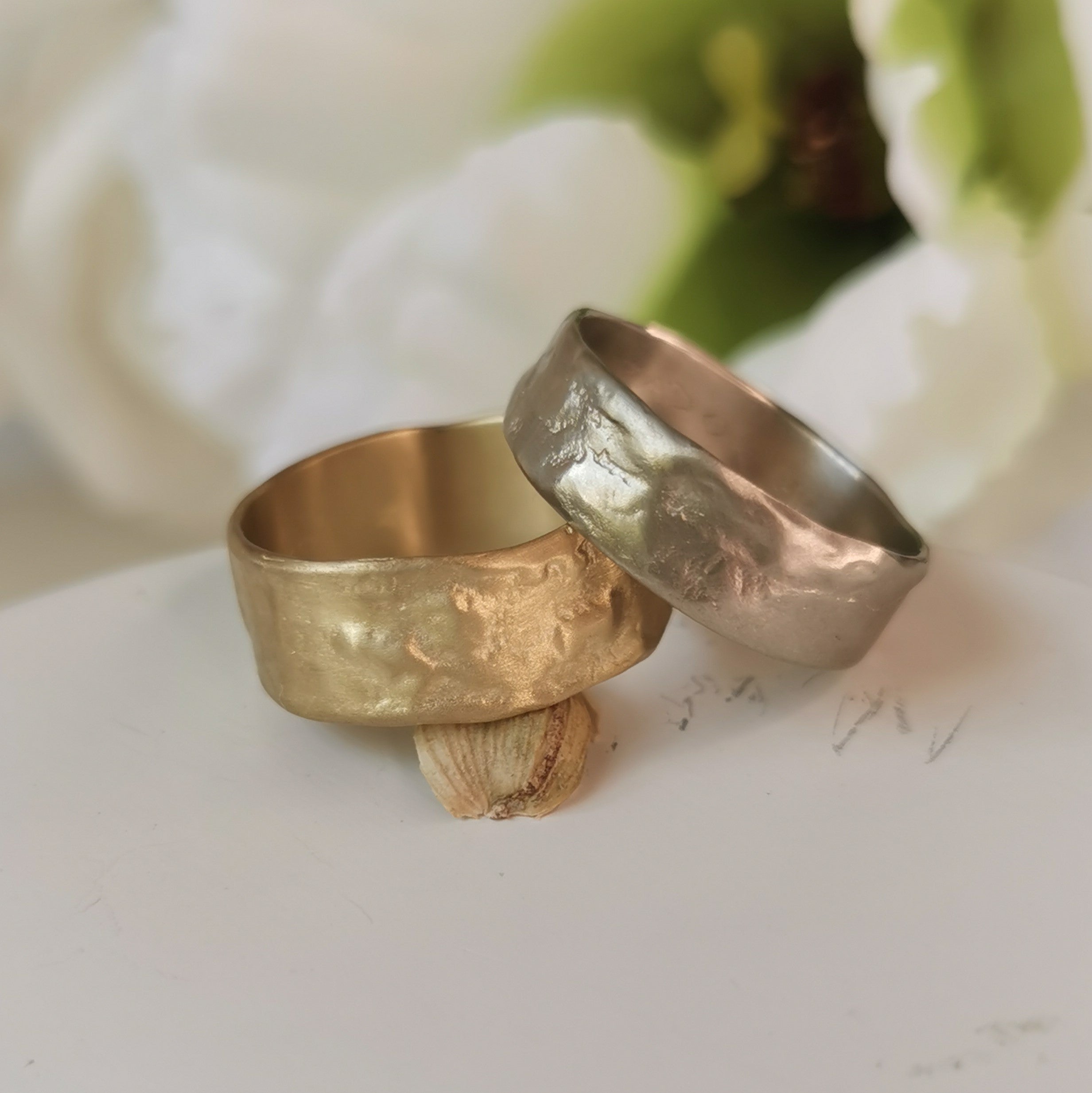 18k Textured White and Yellow Gold Wedding Band Set His and Hers