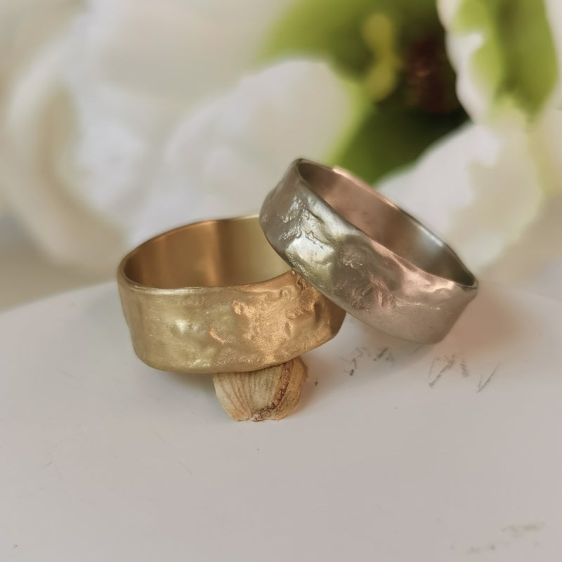 18k Textured White and Yellow Gold Wedding Band Set His and Hers-ZadokGold