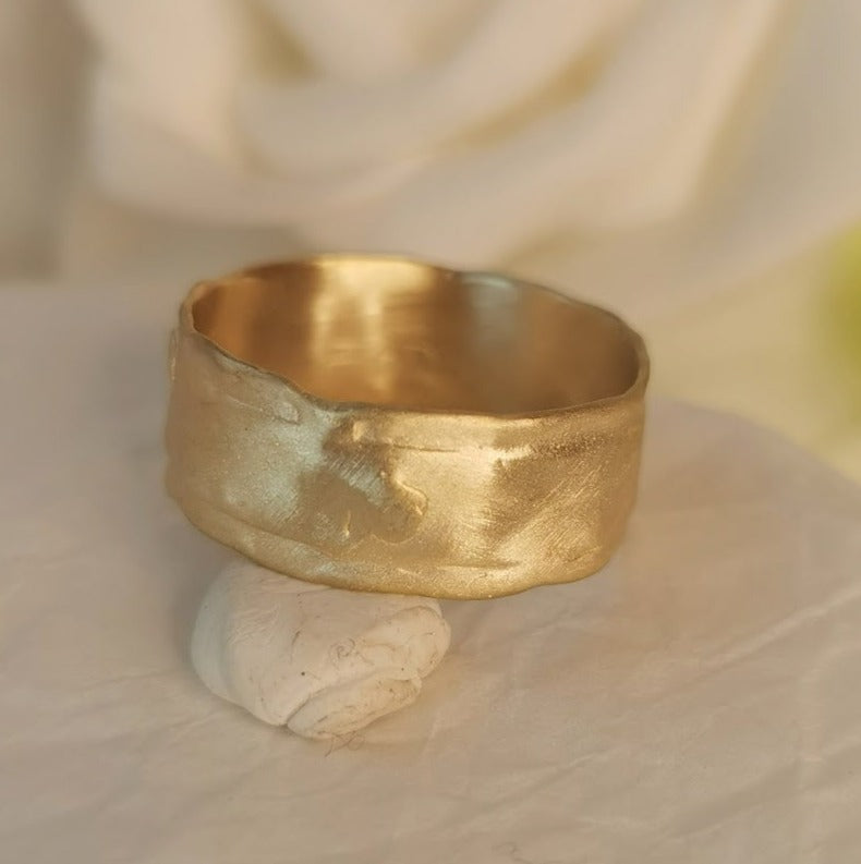 18K Solid Yellow Gold Ring With Organic Molten Texture 8mm Wide