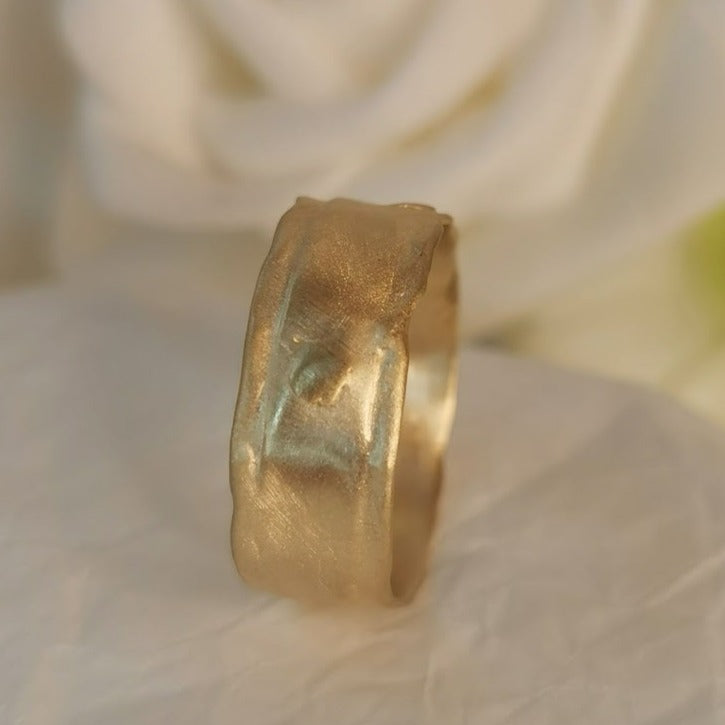 18K Solid Yellow Gold Ring With Organic Molten Texture 8mm Wide