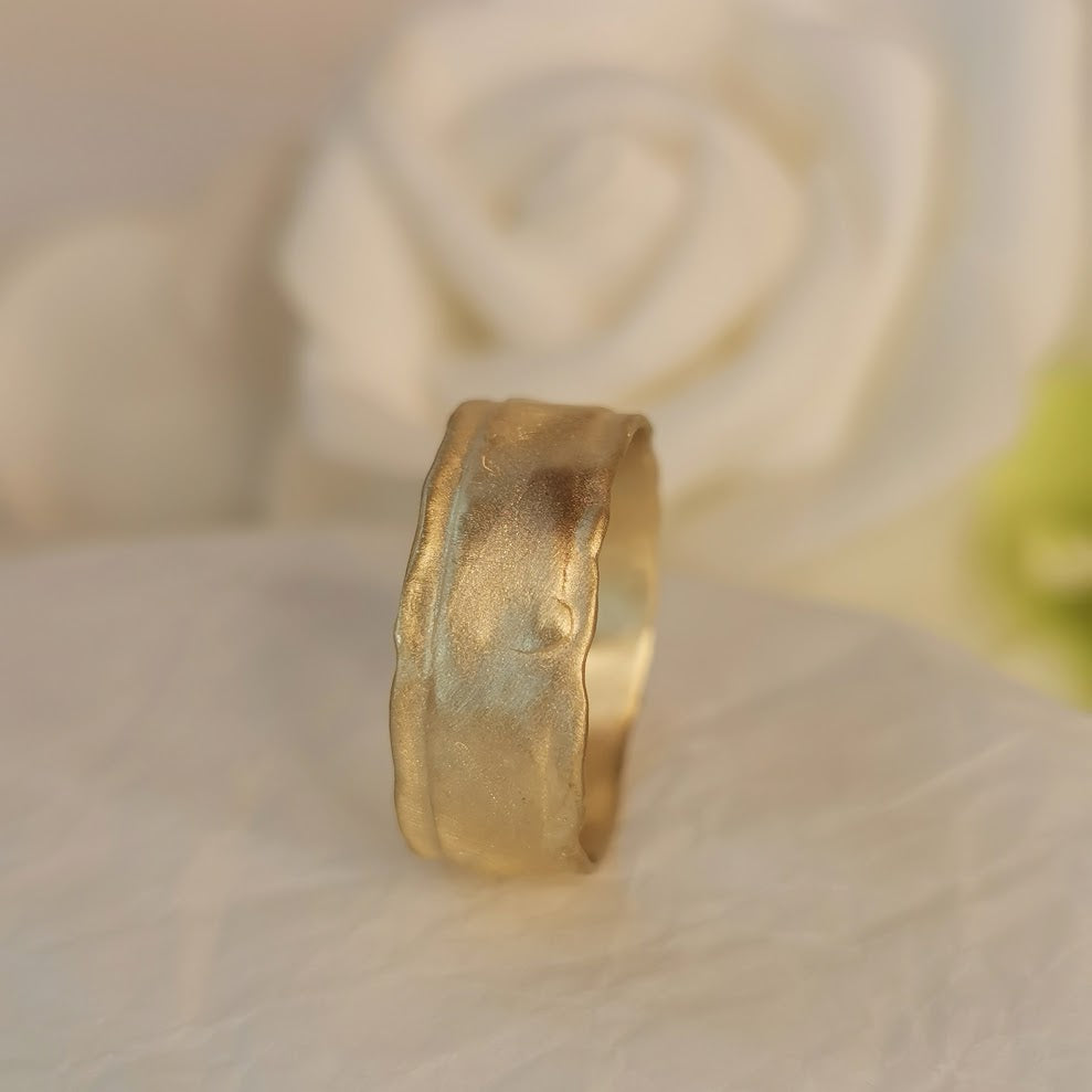 18K Solid Yellow Gold Ring With Organic Molten Texture 8mm Wide