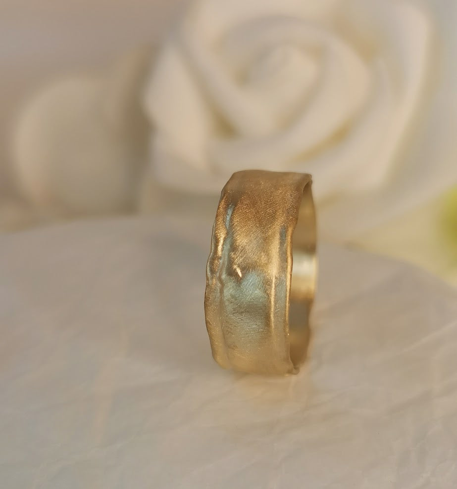 18K Solid Yellow Gold Ring With Organic Molten Texture 8mm Wide