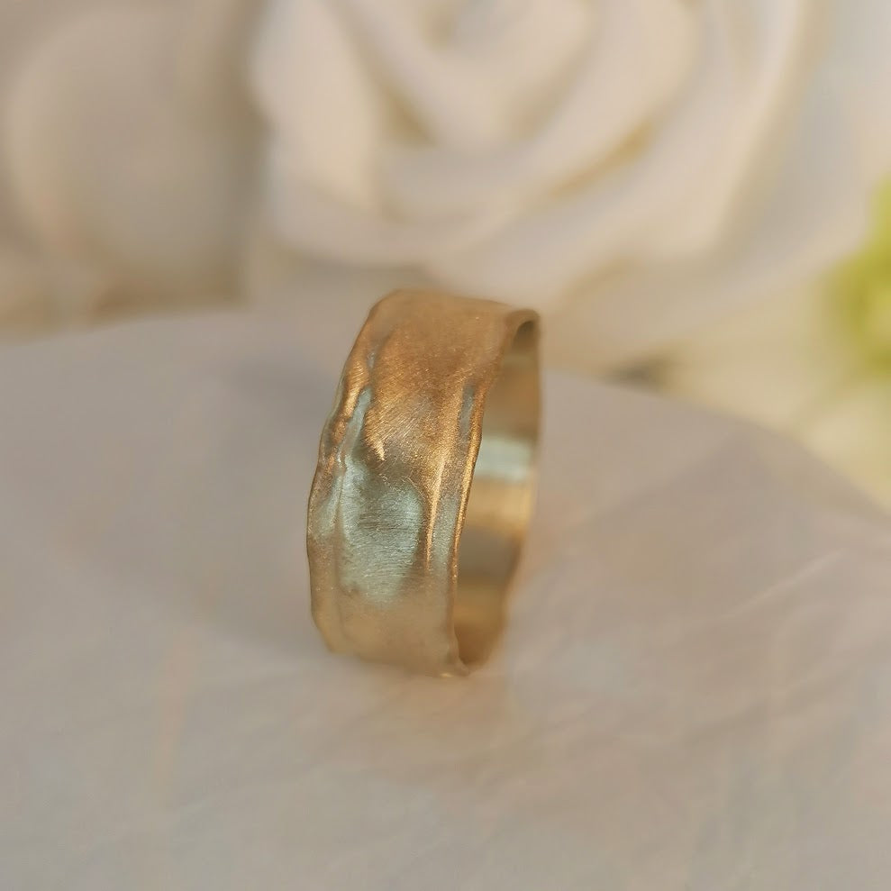 18K Solid Yellow Gold Ring With Organic Molten Texture 8mm Wide