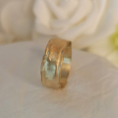 18K Solid Yellow Gold Ring With Organic Molten Texture 8mm Wide-ZadokGold