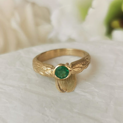 Handmade Carved 14k Gold and Green Emerlad Engagament Ring-ZadokGold