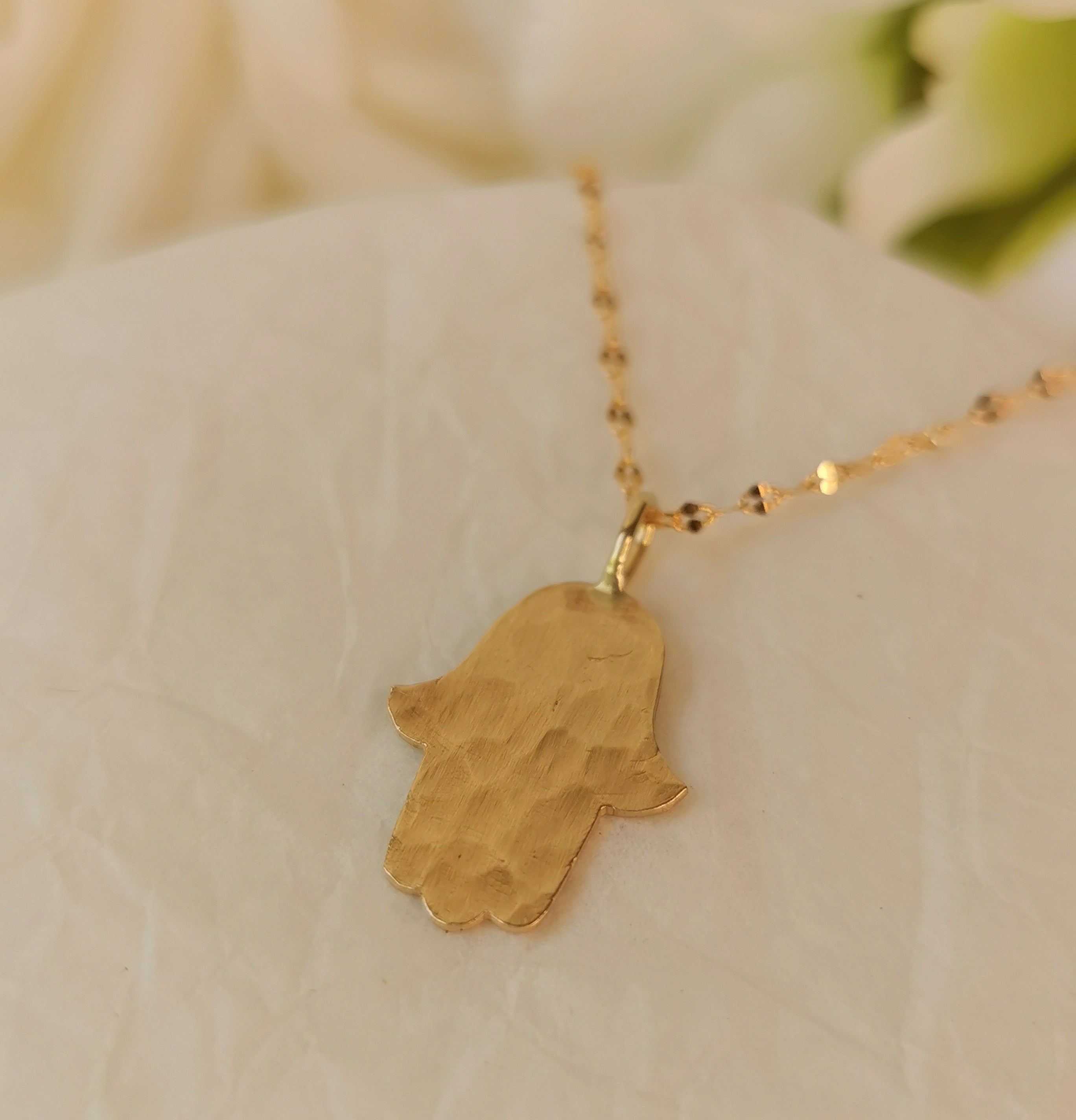 Hammered Solid Gold Hamsa Pendant, Hamsa Necklace Made in Israel