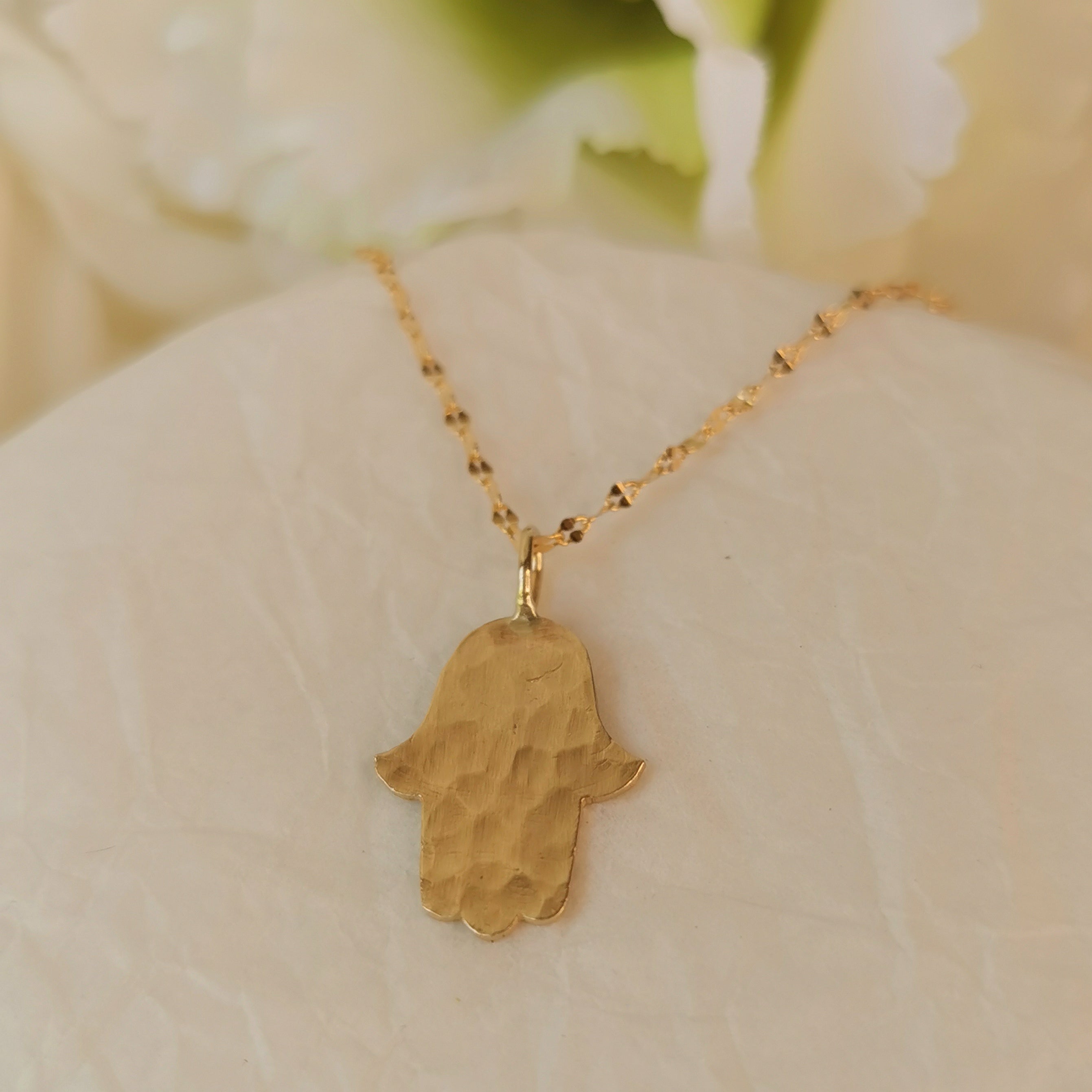 Hammered Solid Gold Hamsa Pendant, Hamsa Necklace Made in Israel