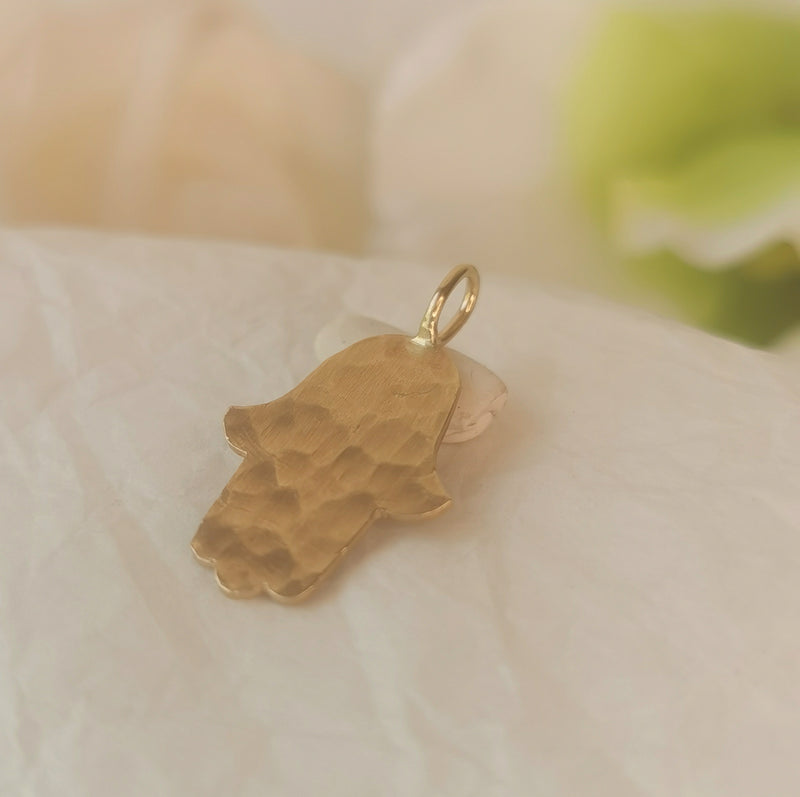 Hammered Solid Gold Hamsa Pendant, Hamsa Necklace Made in Israel