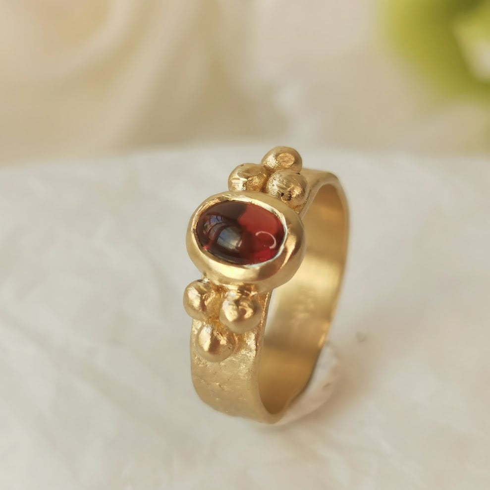 18k Gold Ancient Sacred Geometry Red Garnet Cabochon Ring