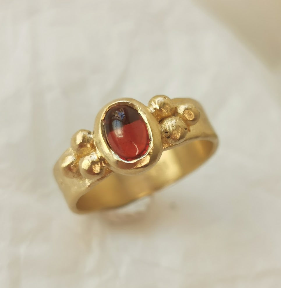 18k Gold Ancient Sacred Geometry Red Garnet Cabochon Ring