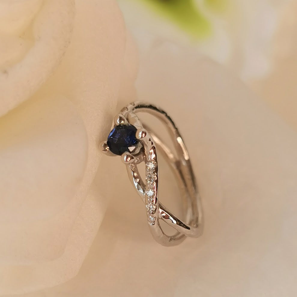 Infinity Twist Diamond and Sapphire Engagement Ring 14k White Gold