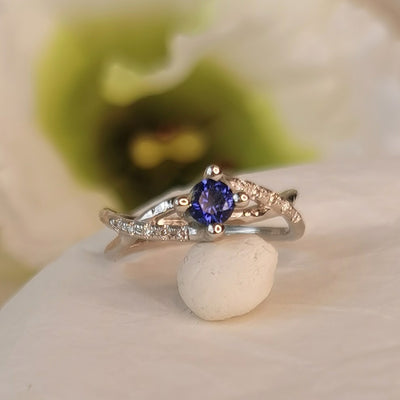 Infinity Twist Diamond and Sapphire Engagement Ring 14k White Gold