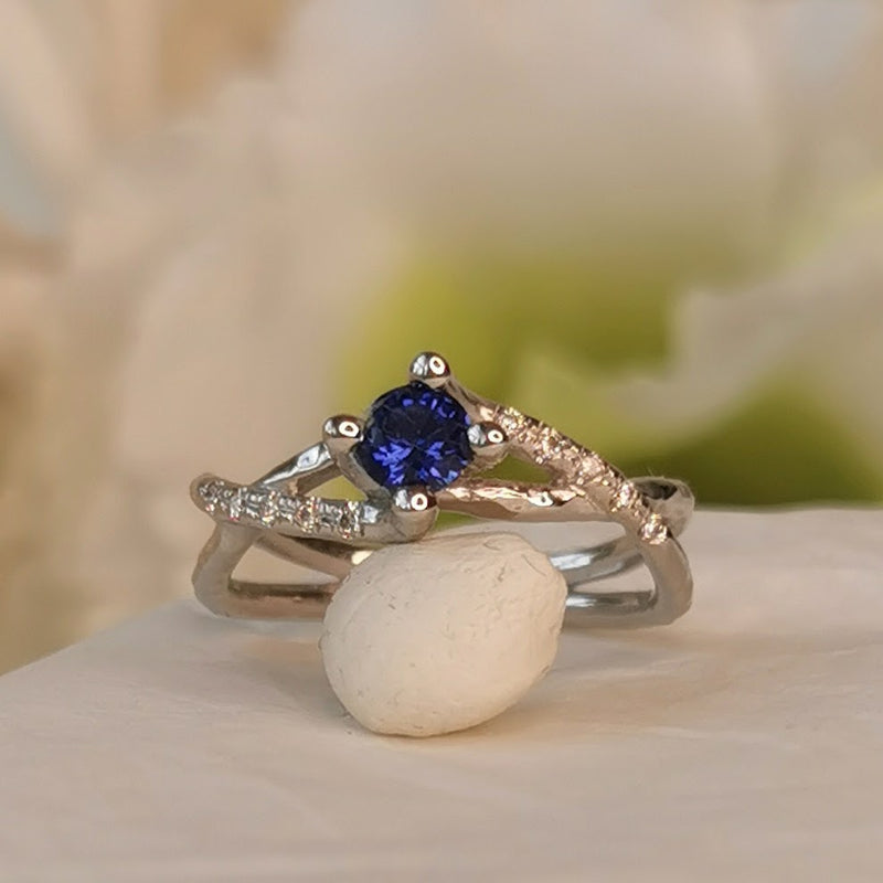 Infinity Twist Diamond and Sapphire Engagement Ring 14k White Gold