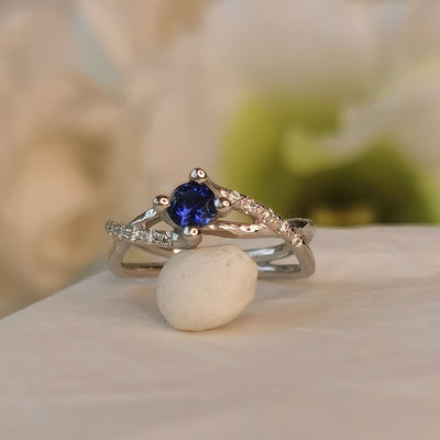 Infinity Twist Diamond and Sapphire Engagement Ring 14k White Gold