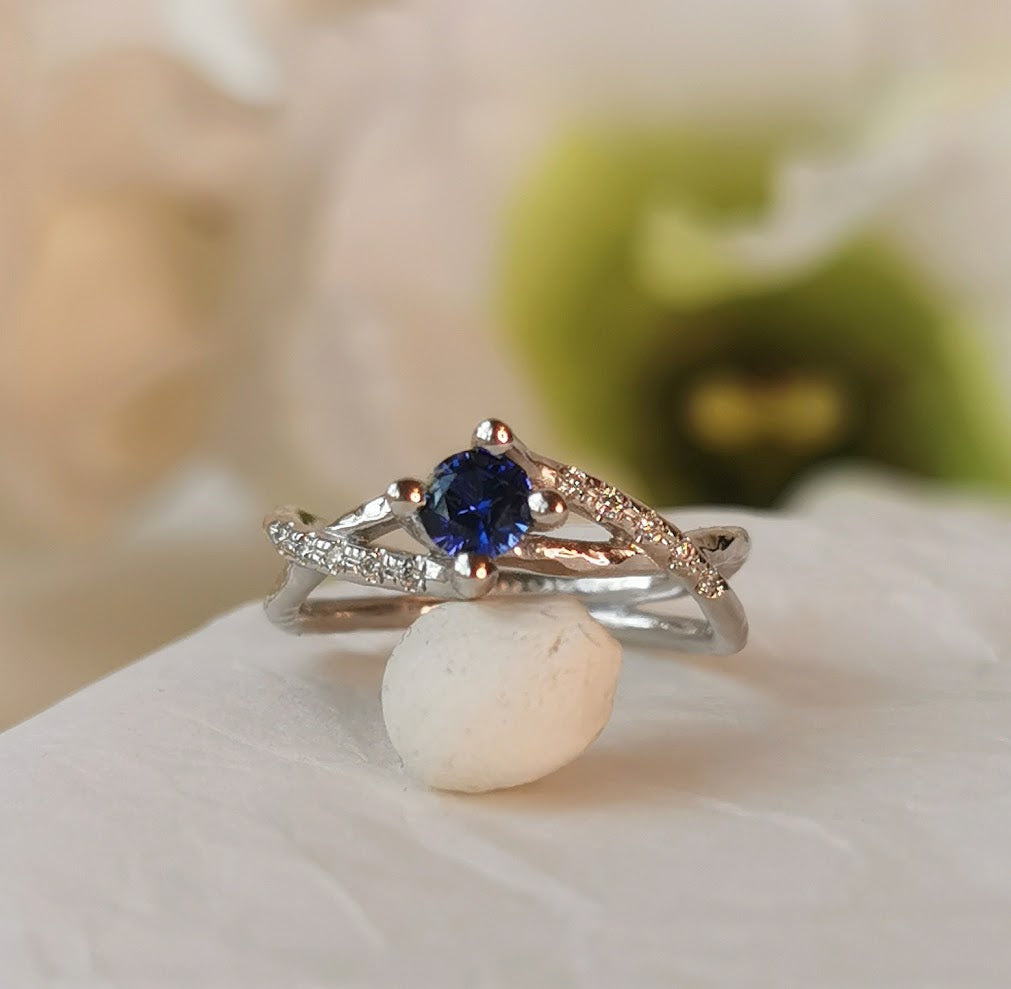 Infinity Twist Diamond and Sapphire Engagement Ring 14k White Gold