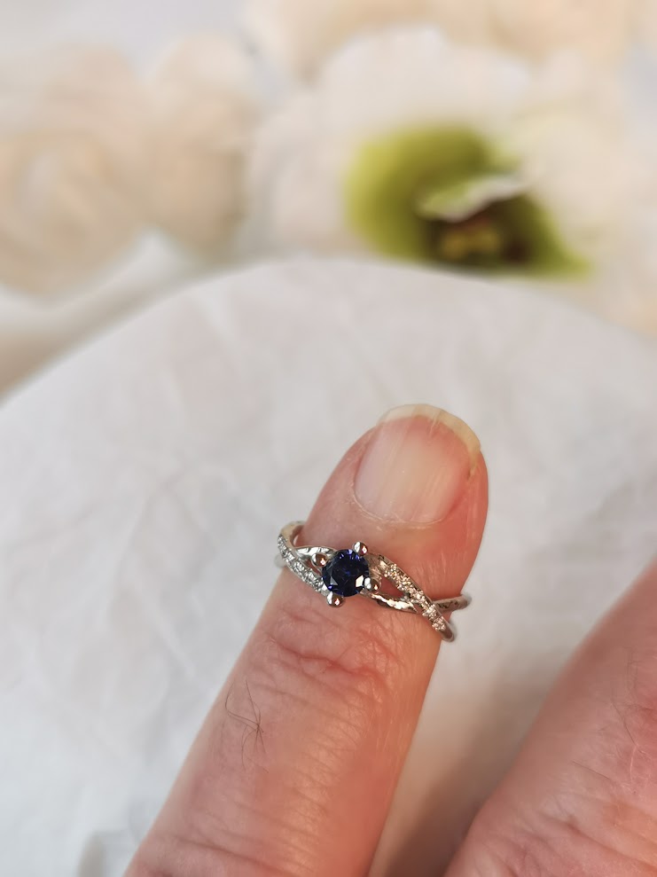 Infinity Twist Diamond and Sapphire Engagement Ring 14k White Gold